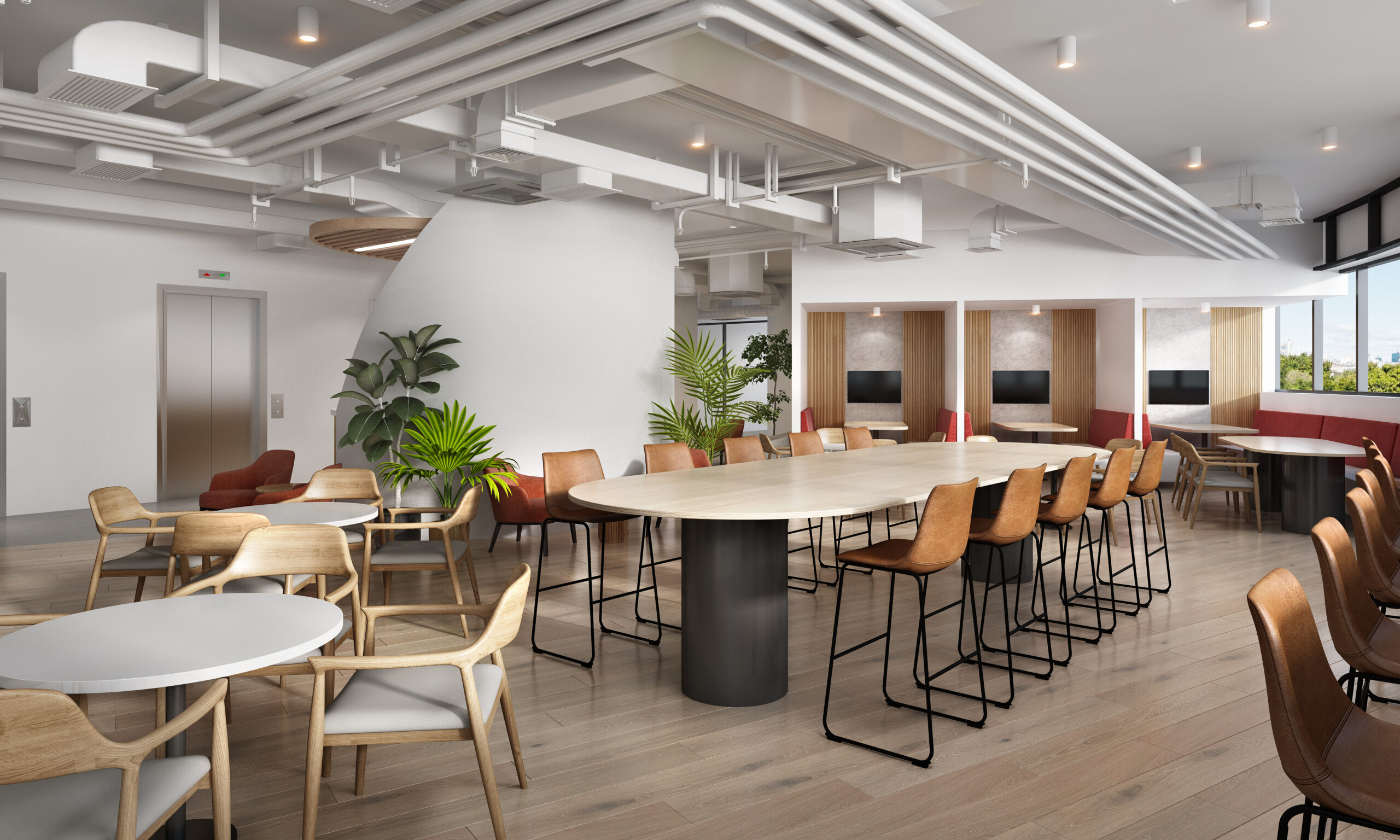 Office cafeteria and social hub 3D render with communal tables, lounge seating and hospitality-inspired workspace design