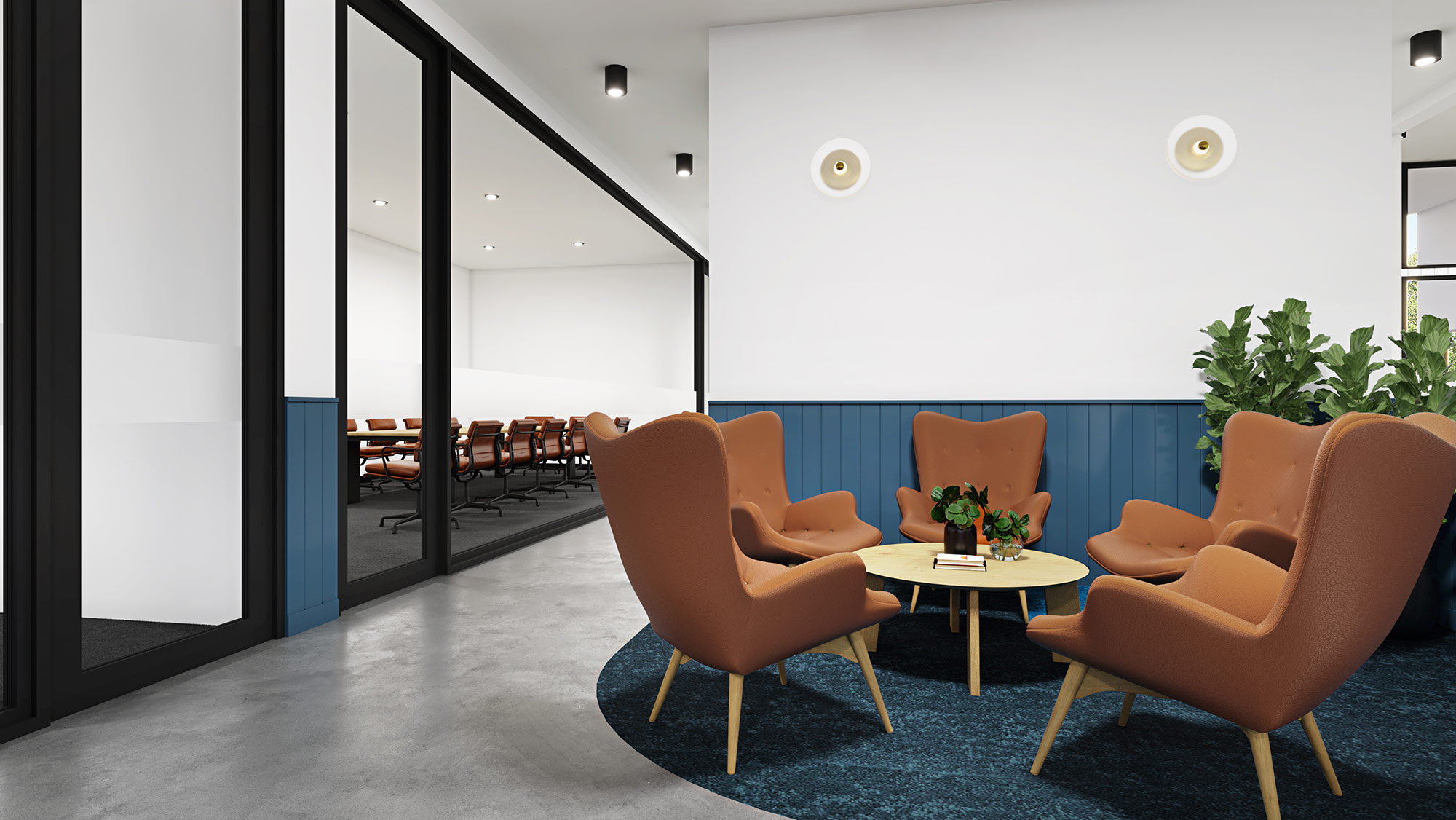 Office collaboration lounge 3D render with soft seating, round table and glass meeting room in contemporary workplace design
