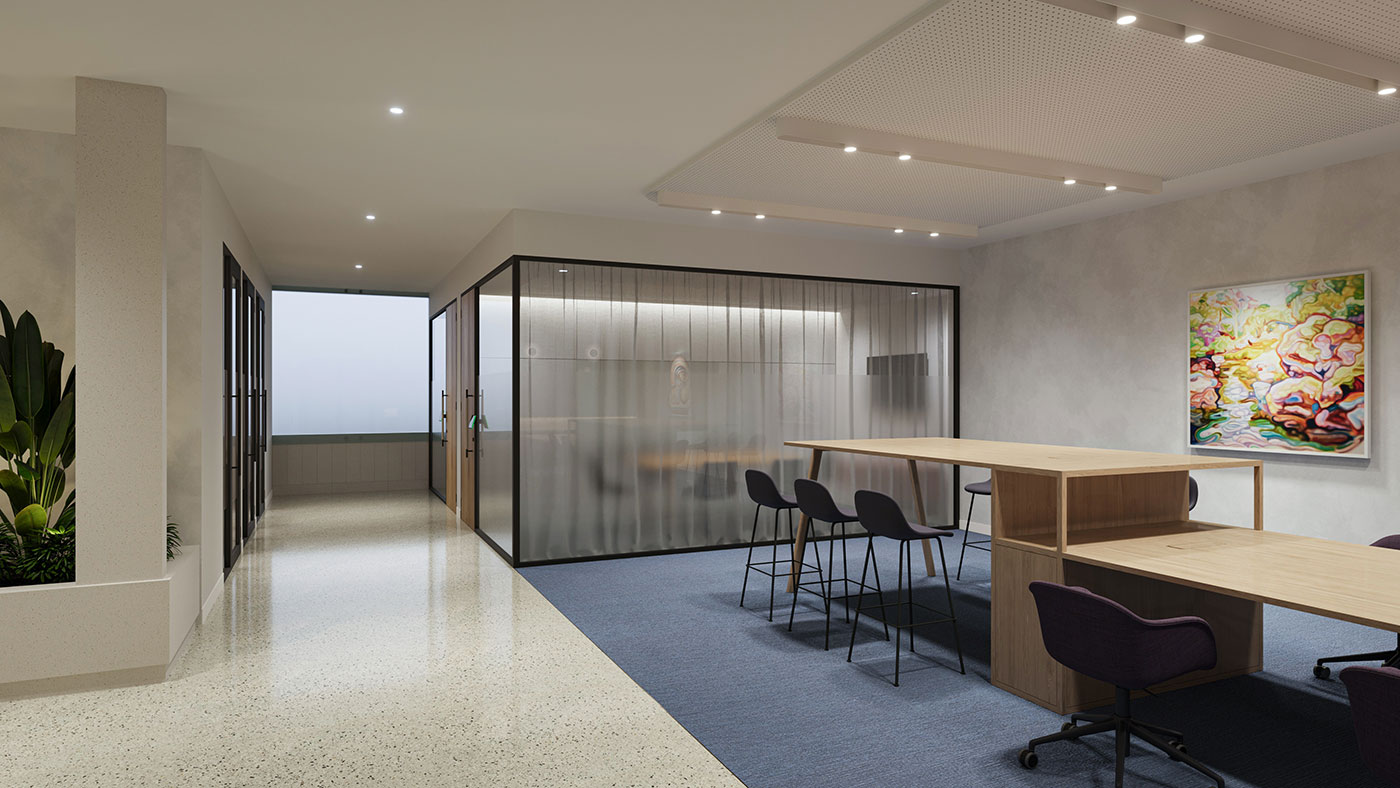 Office collaboration space with high table seating, glass enclosed meeting room and integrated joinery workspace
