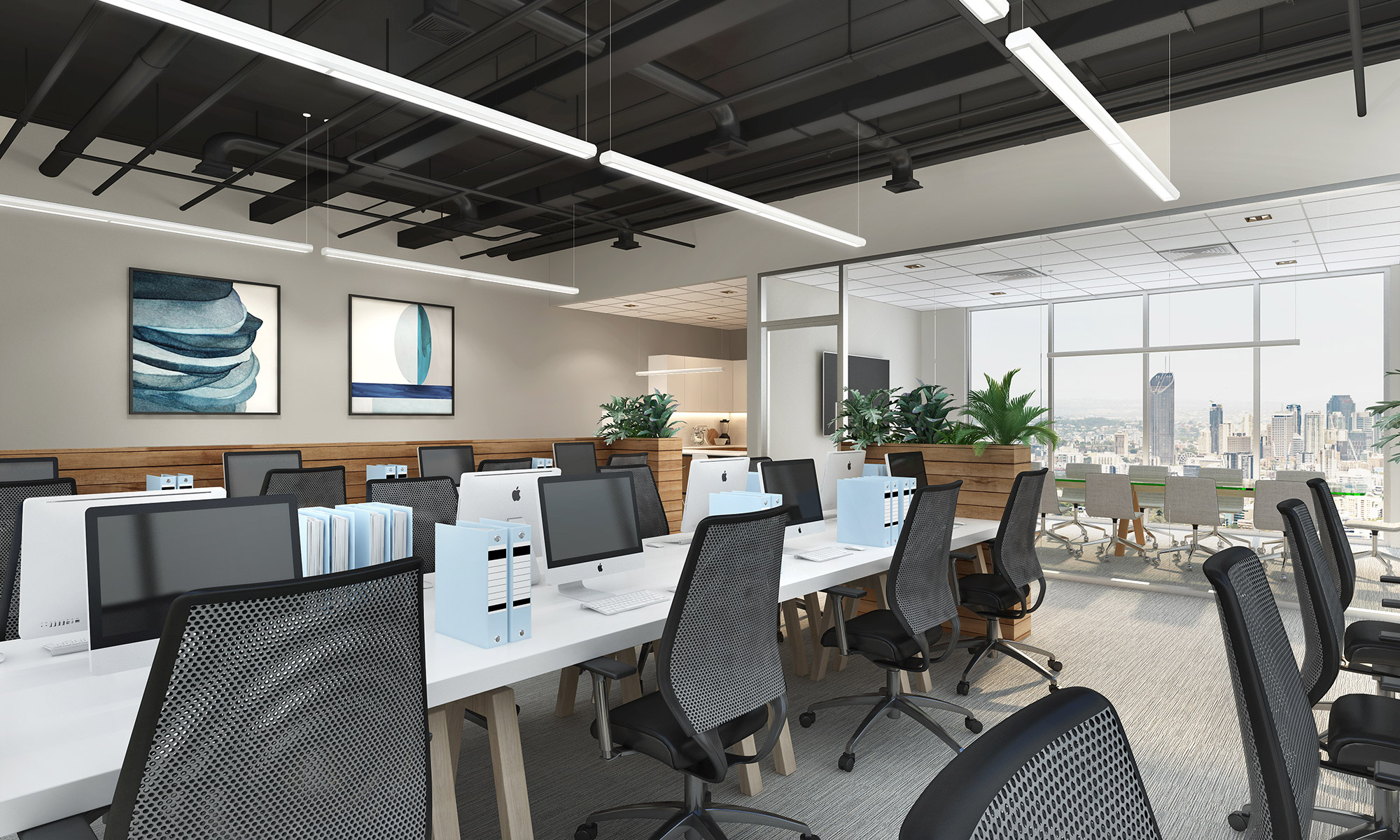 Office Interior Suspended Linear Lighting Modern Fitout