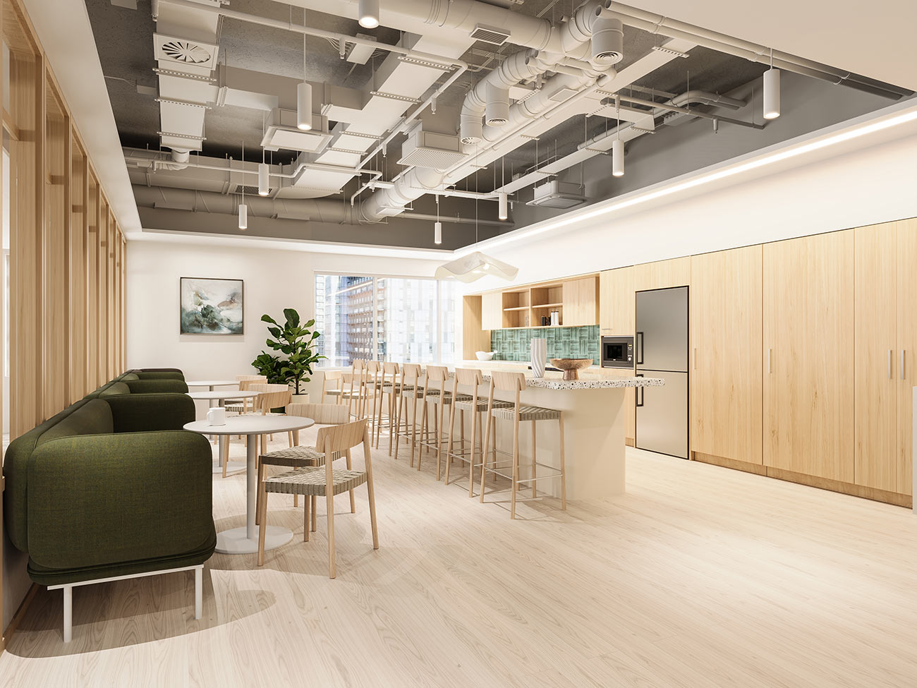 Office kitchen breakout area with bar seating, timber cabinetry, lounge seating and open ceiling services