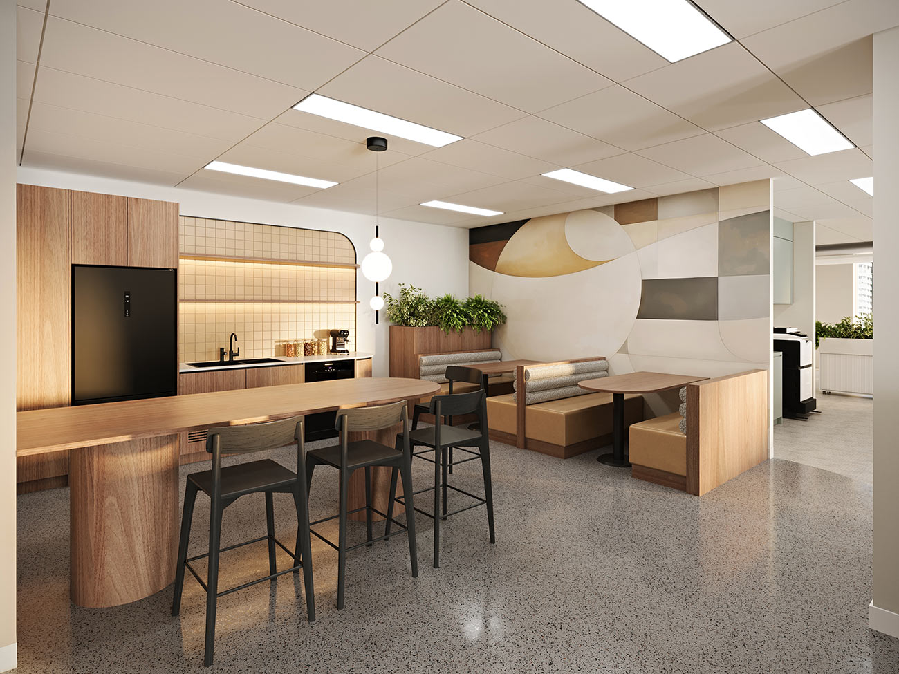 Office kitchenette breakout with booth seating, timber finishes, feature wall and integrated appliances
