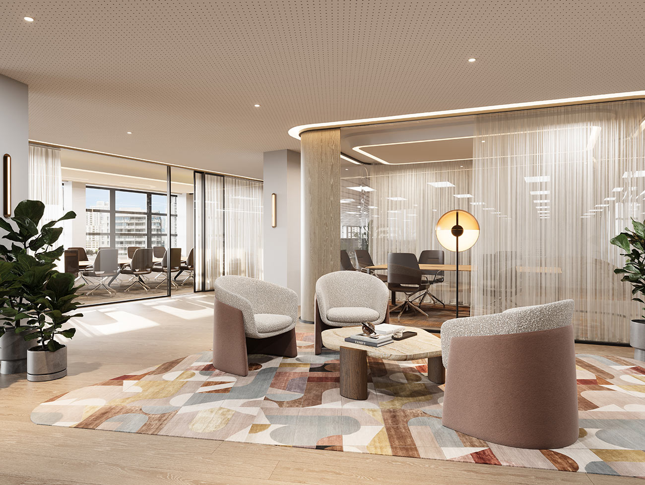 Open plan office with linear desking, casual meeting lounge, black feature ceiling and natural light