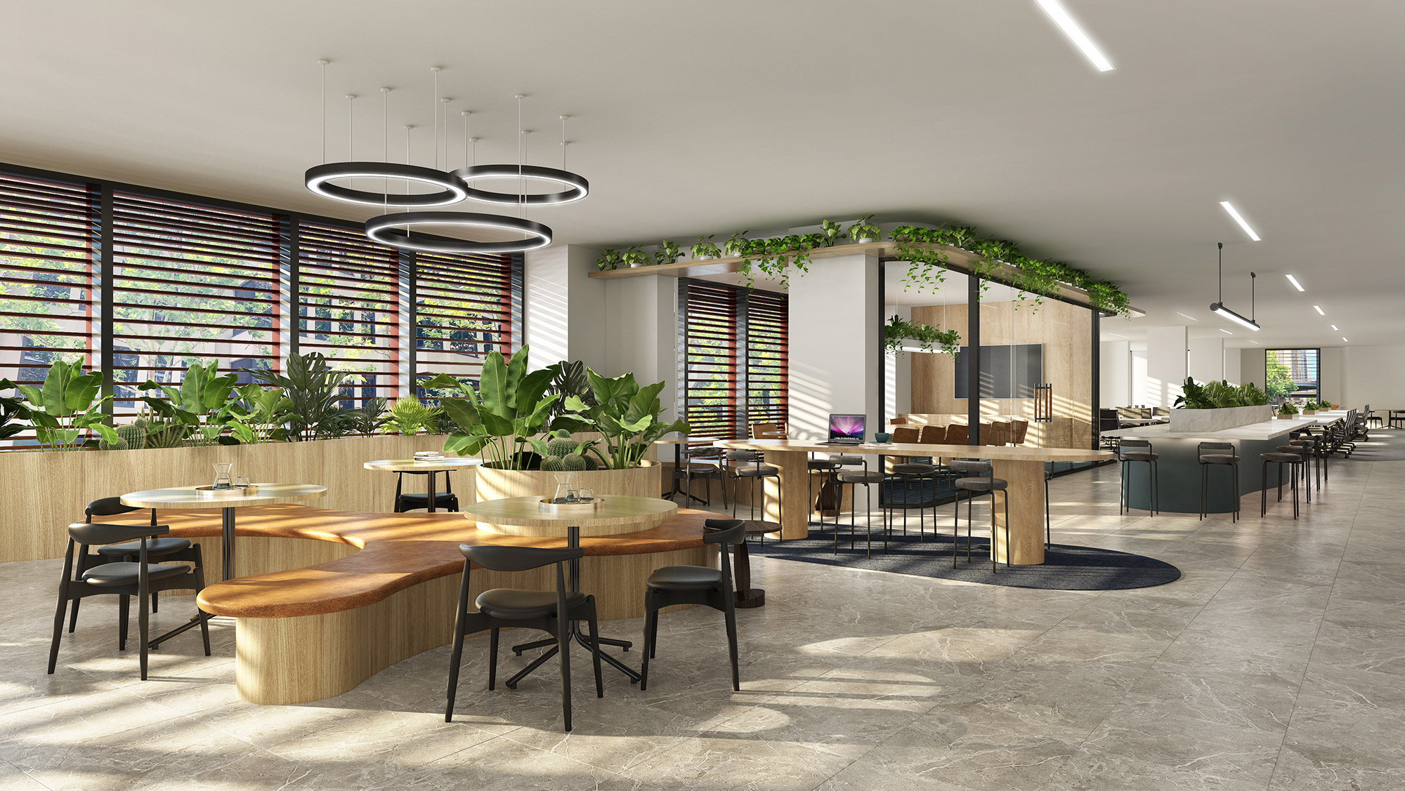 Modern office 3D render with work stations green planting modular sofas, coffee tables, bookshelves and geometric ceiling feature and designer lighting
