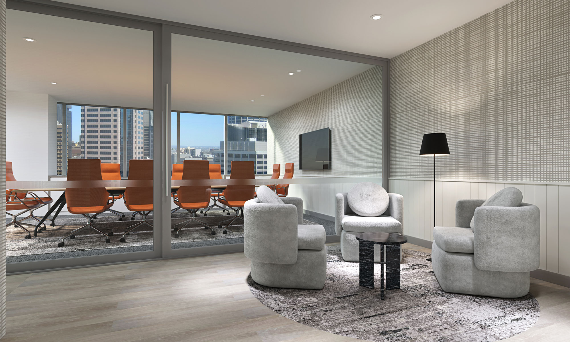 Modern office meeting room 3D render with glass partition, boardroom table and adjacent lounge breakout seating area