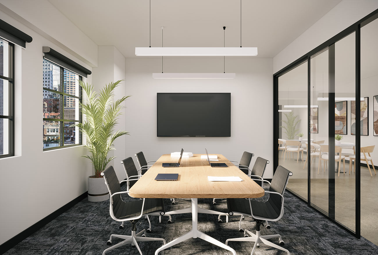 3D render of modern office meeting room with timber table, video screen, ergonomic chairs and glass partition walls