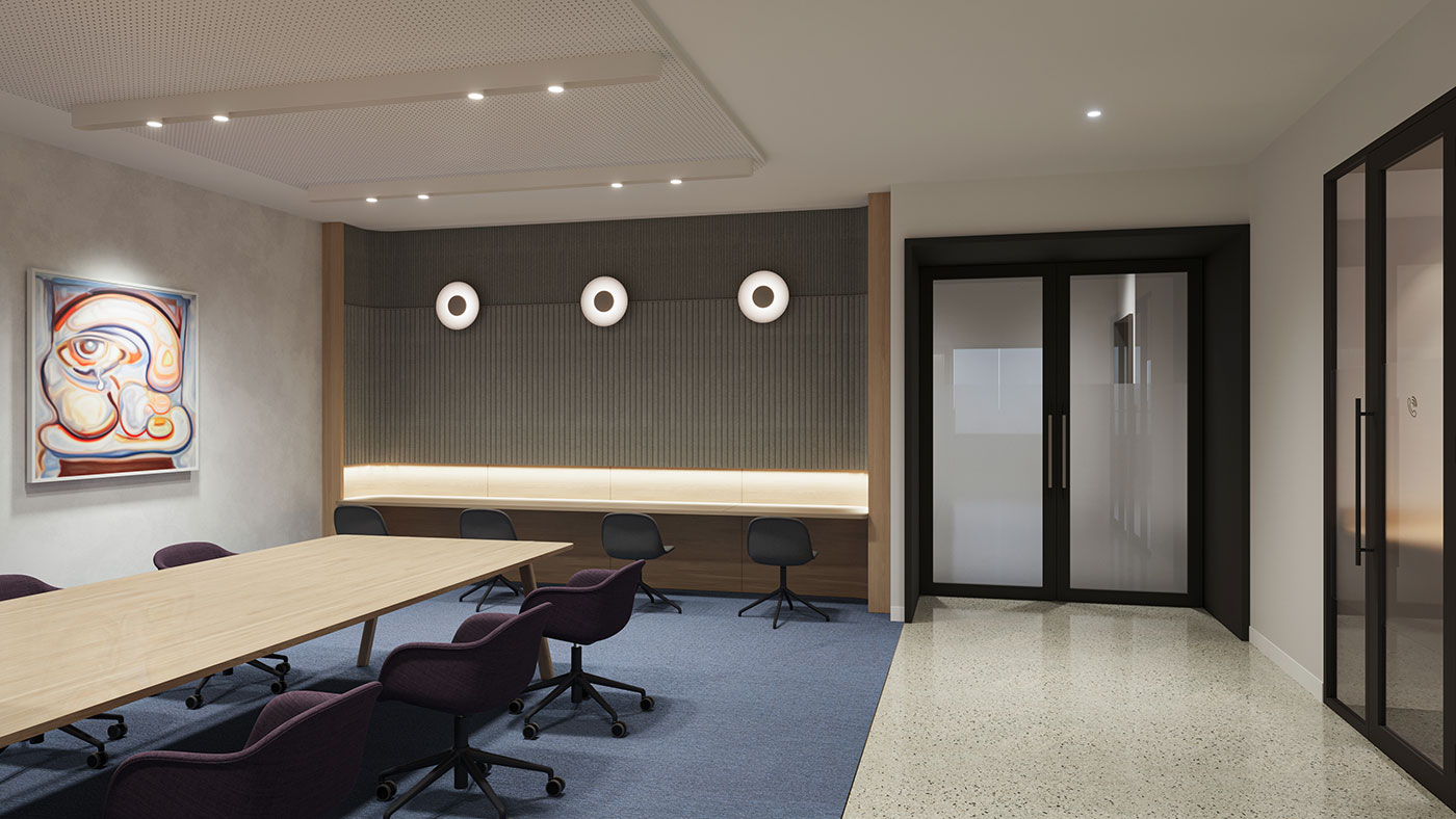 Modern office meeting room with timber feature wall, integrated workstation seating and large collaboration table