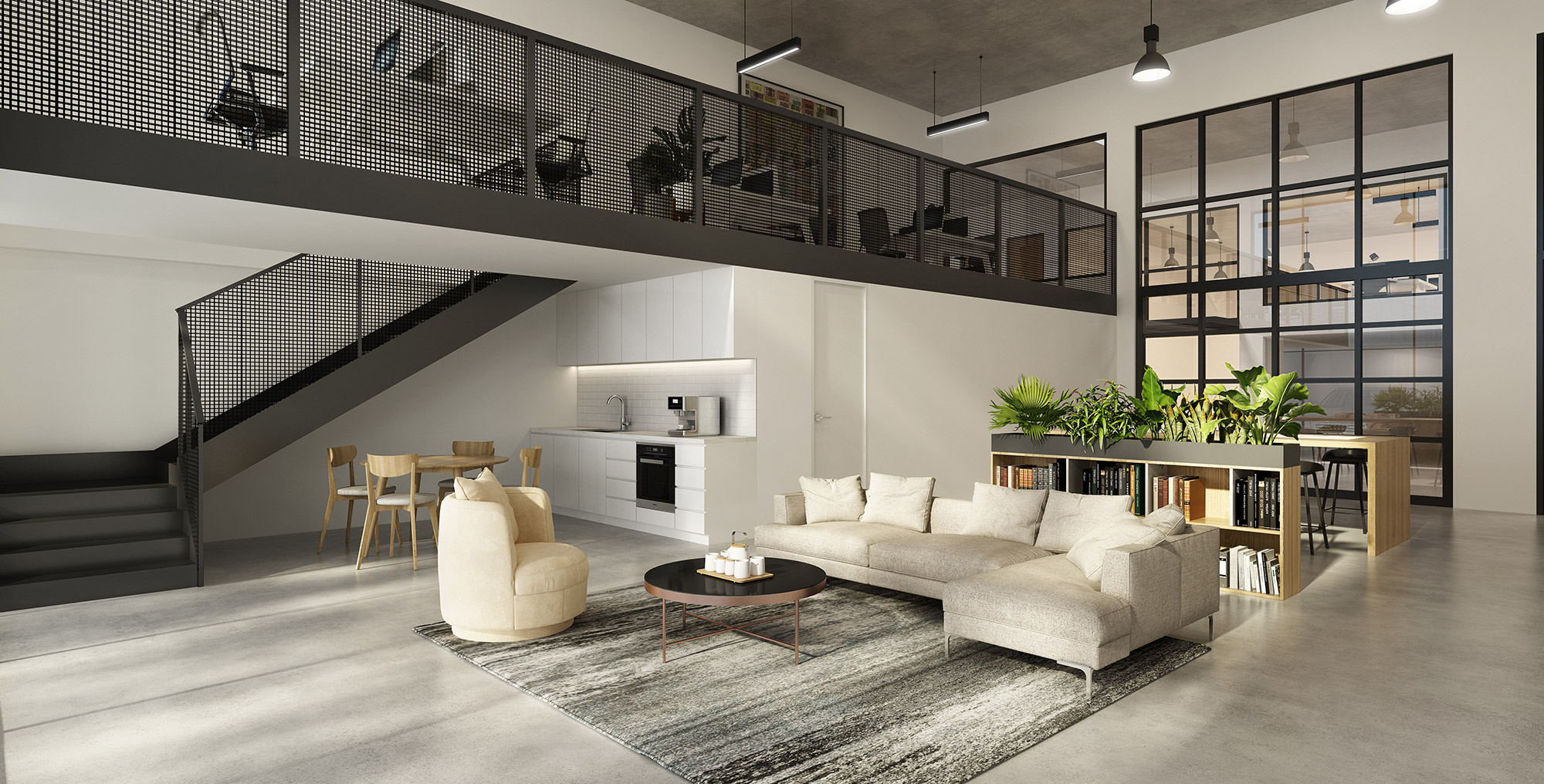 Office interior 3D render with mezzanine level, staircase, open workspace and breakout lounge area