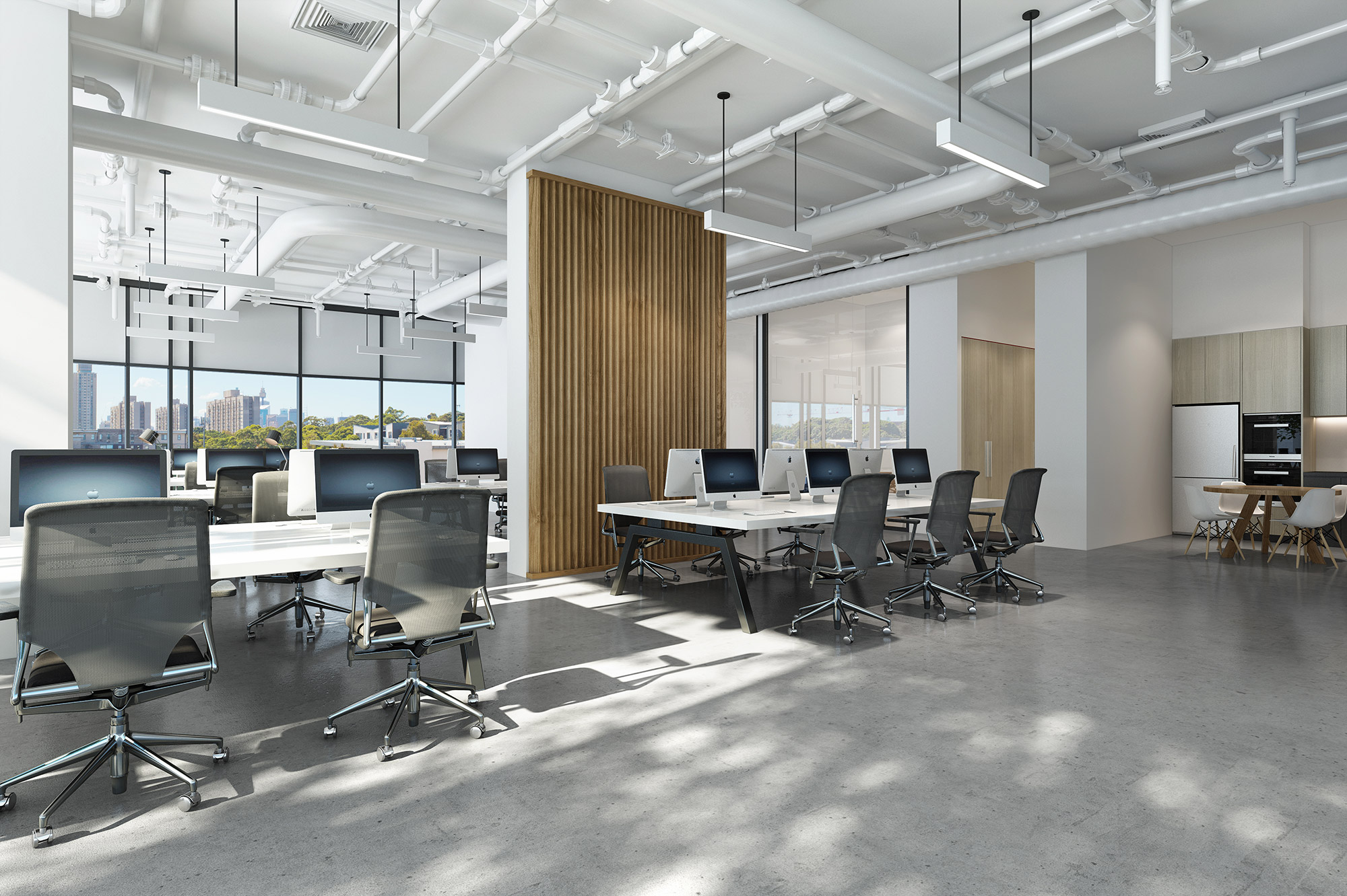 Office workstations 3D render polished concrete floors view to tree tops and city