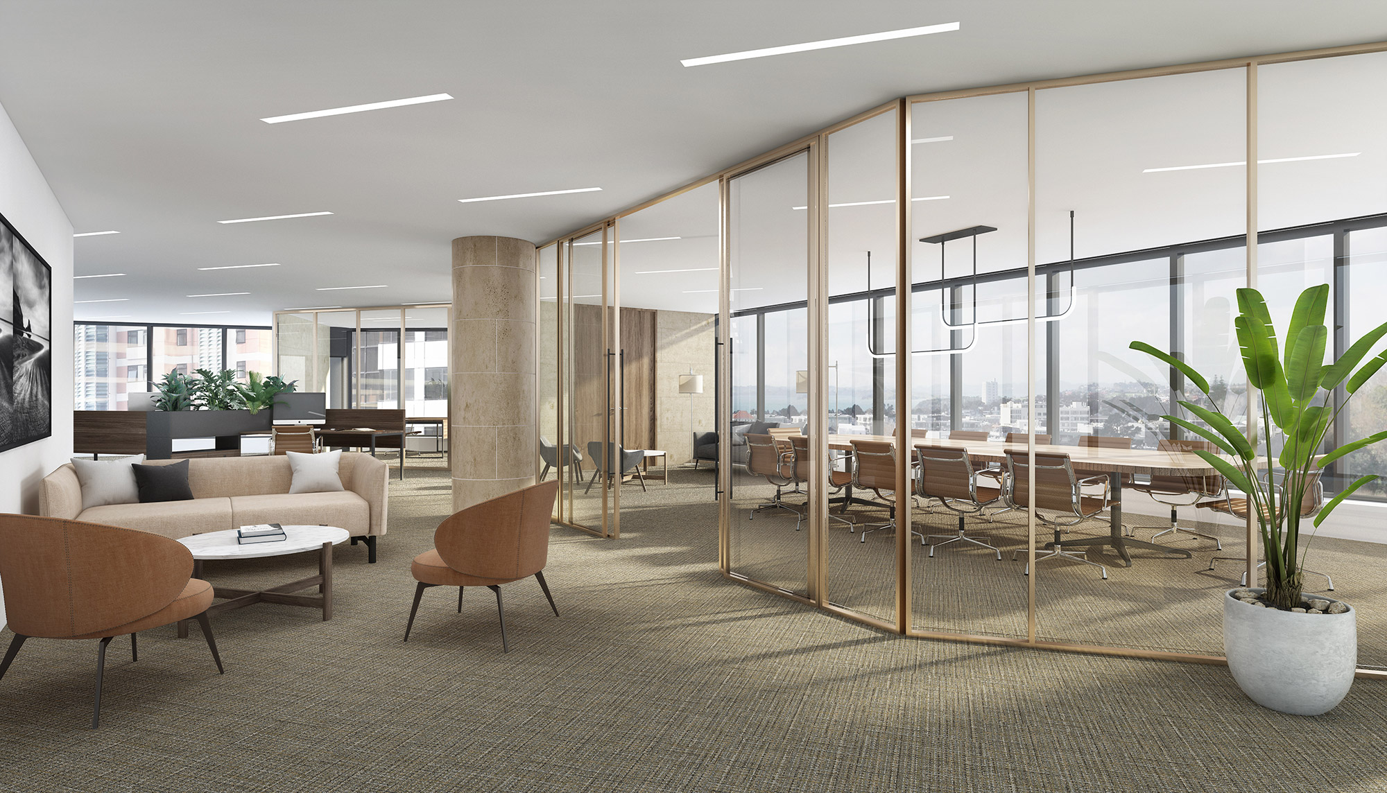 Modern office 3D render with glass partitions, waiting area and glass boardroom