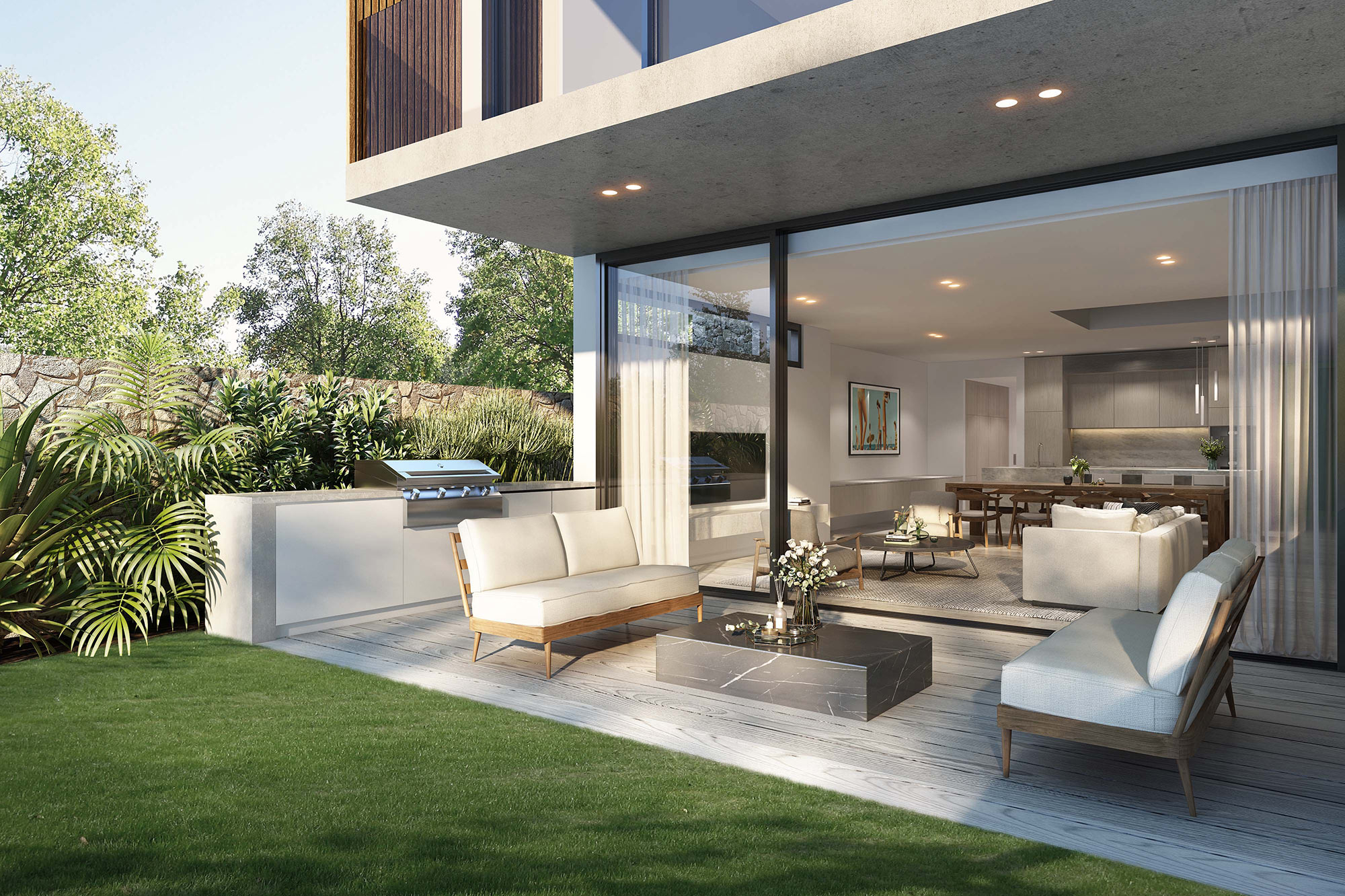 3D render of an open plan living space flowing into an outdoor entertainment area with BBQ