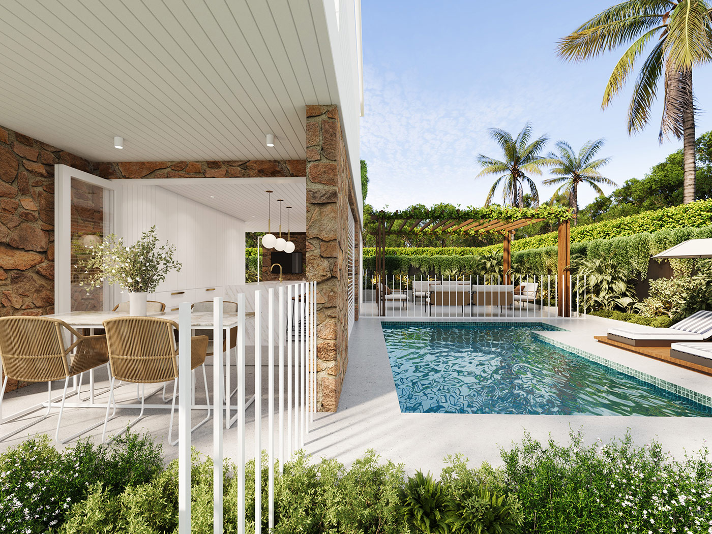 3D render of open plan living flowing to alfresco dining area with pool and landscaped backyard