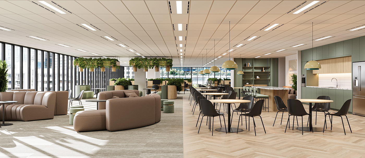 Open plan office breakout lounge with kitchen area, soft seating, hanging greenery and collaborative workspace zones