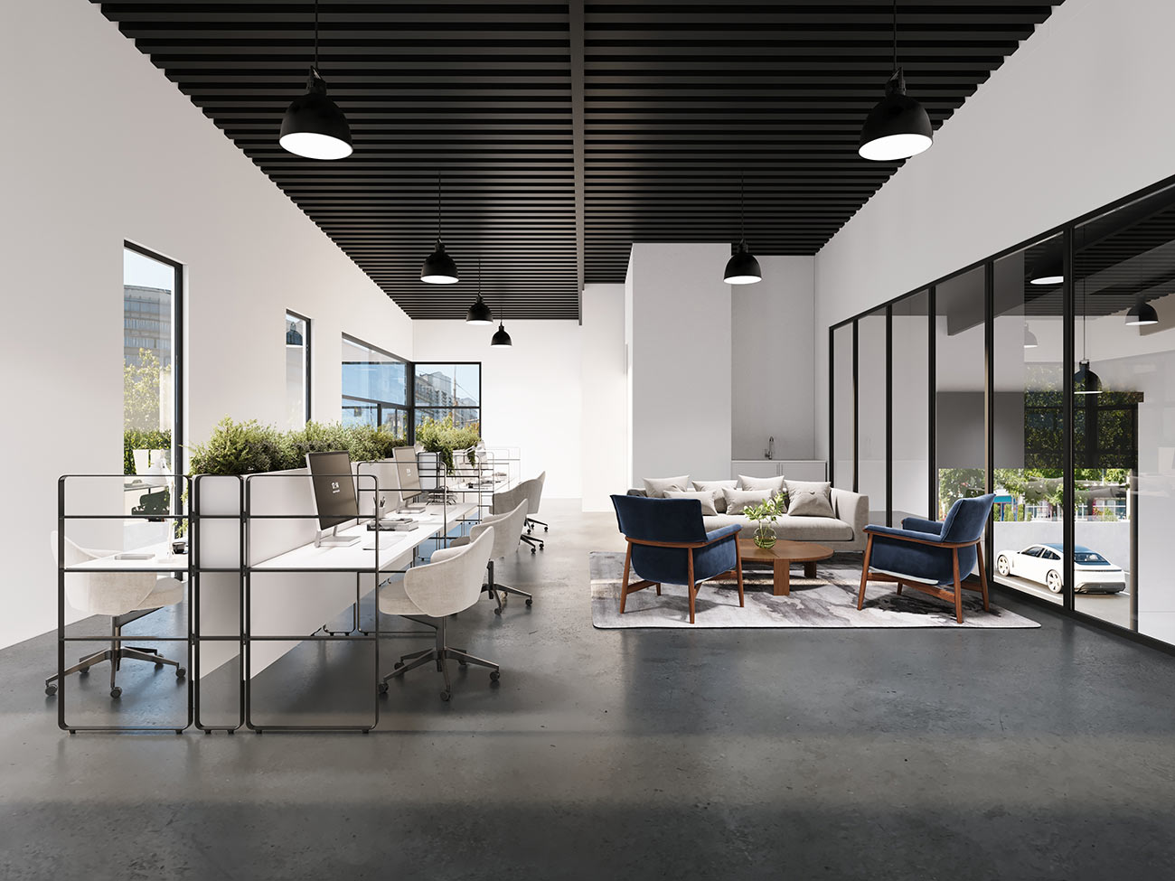 Open Plan Office With Desking Zone And Casual Meeting Lounge