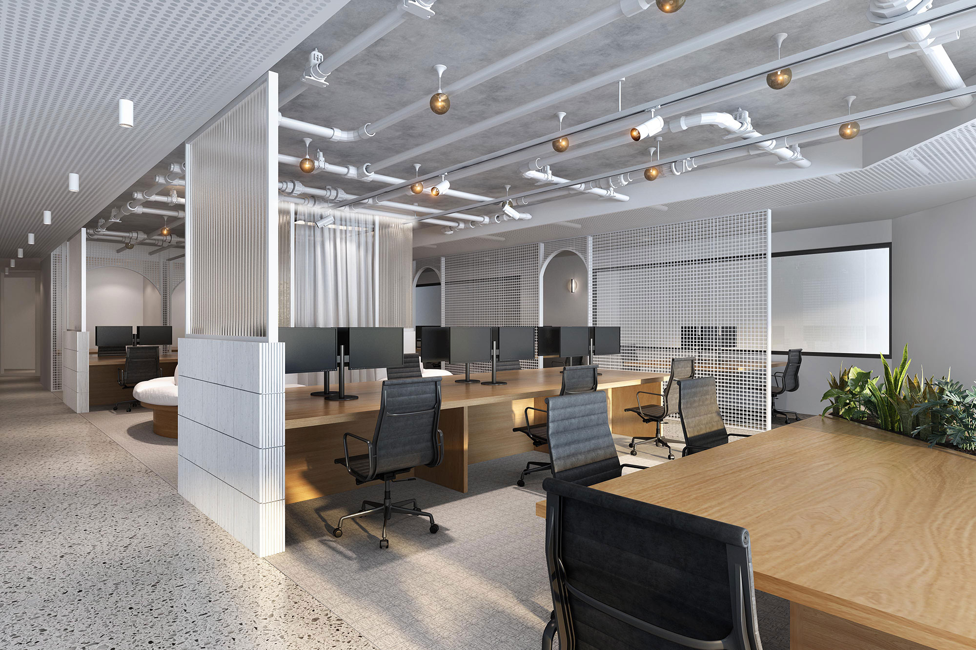 Open plan office 3D render with feature ceiling lighting, zoning elements and collaborative workspaces