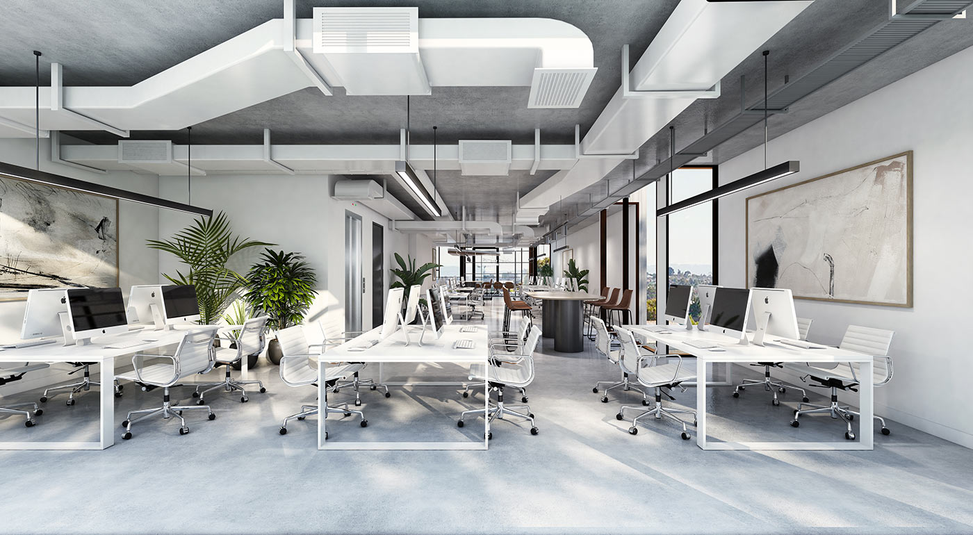 Open plan office 3D render with workstation desks, exposed services ceiling and collaborative workplace layout