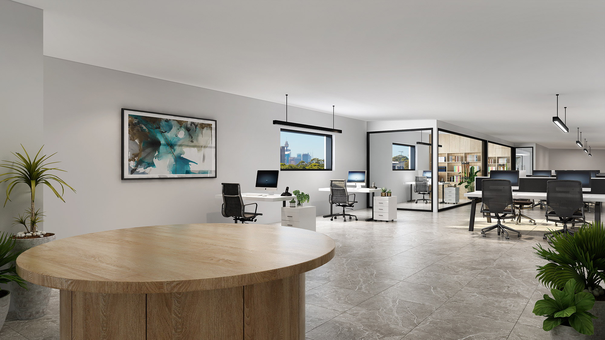 Open plan office with white desks, task chairs, city outlook and collaborative breakout area
