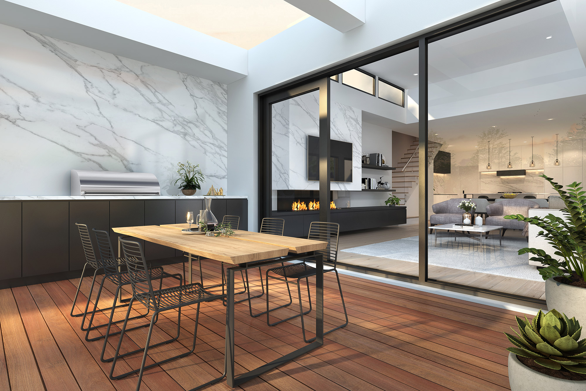 3D render of outdoor entertaining area with timber deck, dining table, fireplace and modern open plan interior