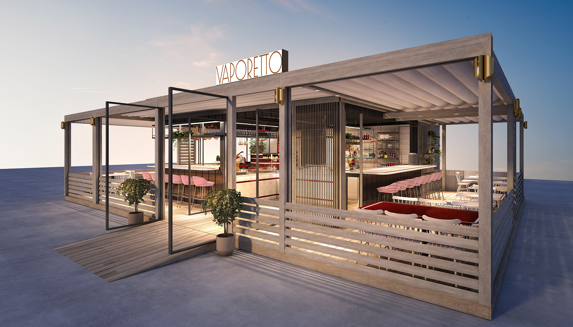 Outdoor hospitality kiosk 3D render with bar seating, covered pergola structure and modern food and beverage venue design