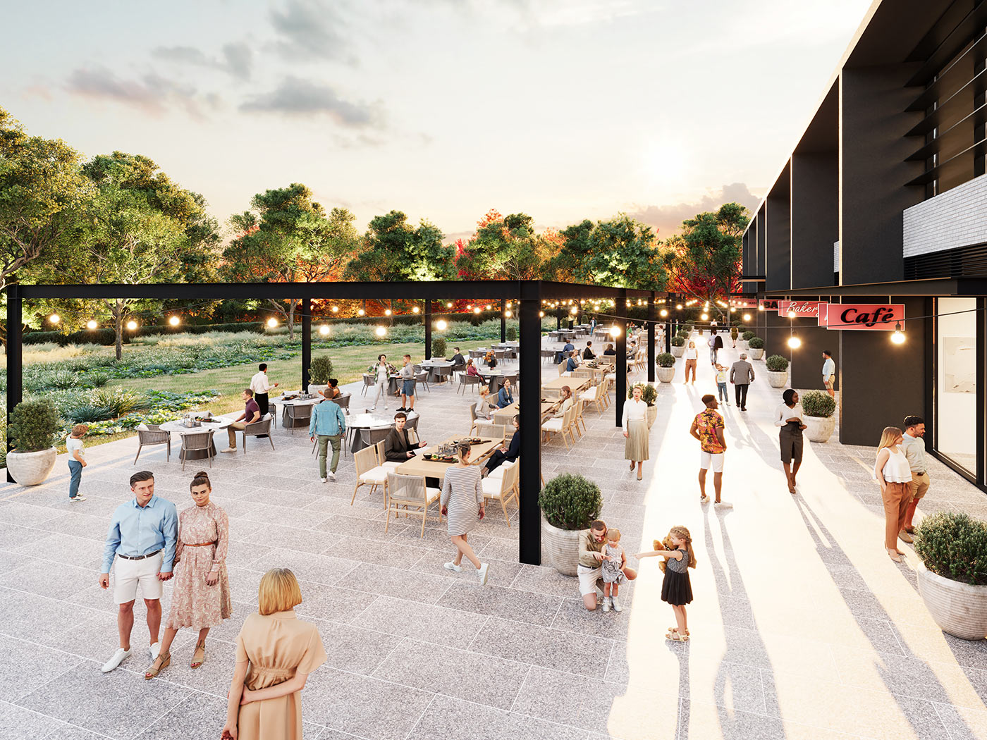Activated outdoor hospitality space at sunset with dining areas, lighting and landscaped public realm