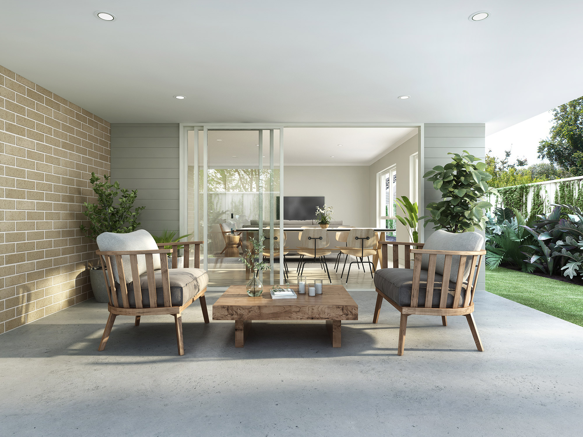High-end 3D render of outdoor living area with timber furniture, garden landscaping and indoor dining connection