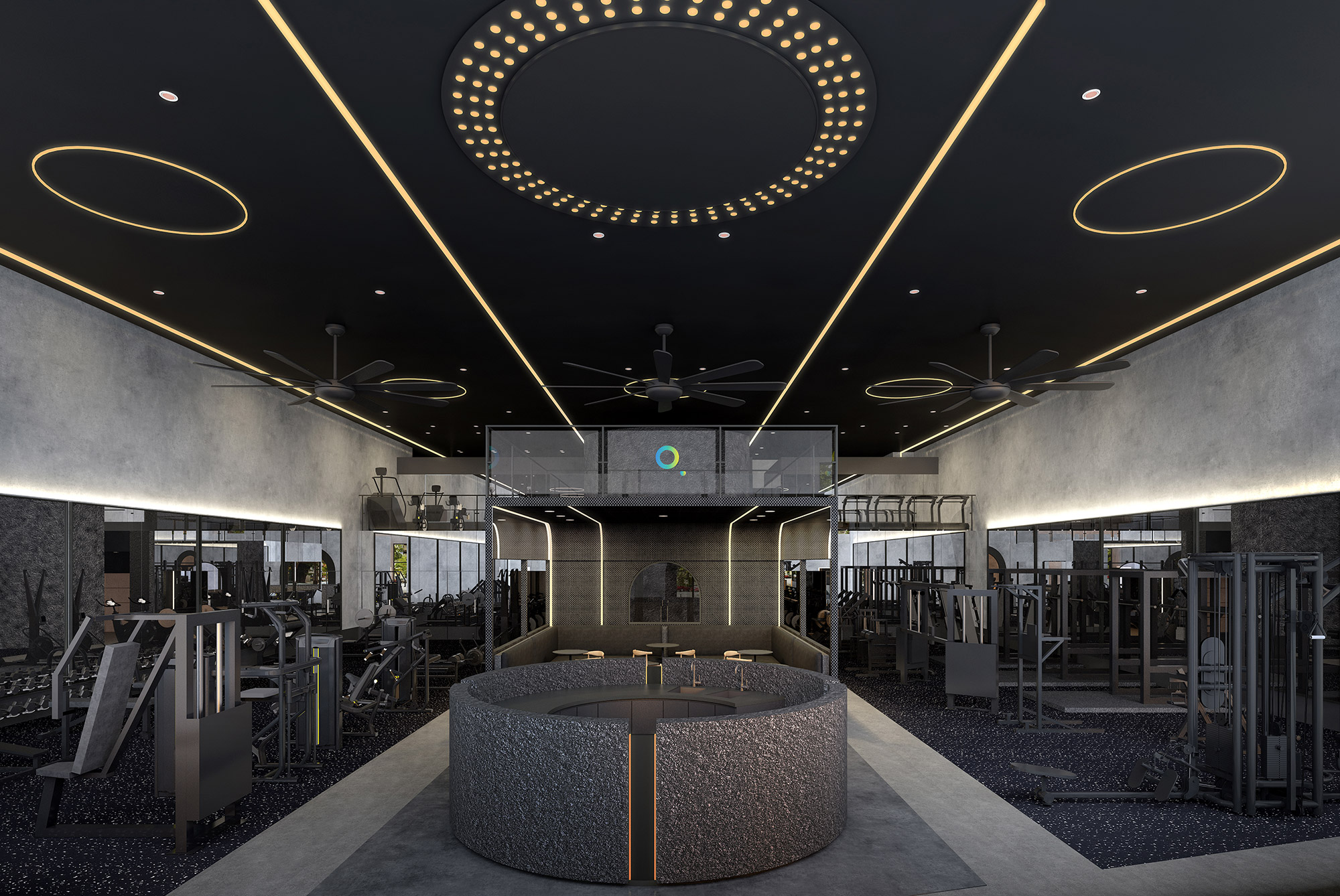 3D Rendering of a premium gym interior with a mezzanine level, strength training zones, and modern lighting design