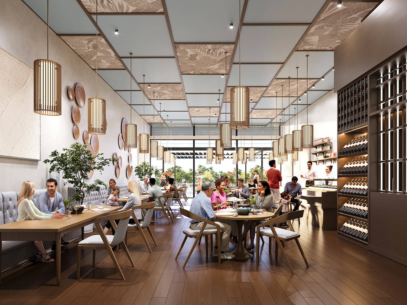 Quick service restaurant interior with counter seating, menu displays and contemporary finishes