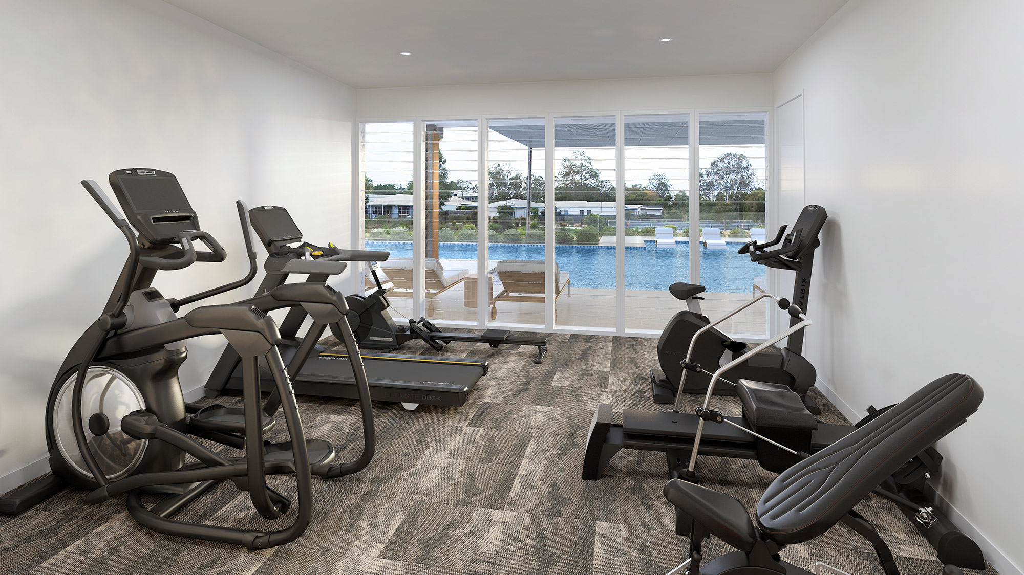 Residential gym with cardio machines and pool view, home fitness room 3D rendering