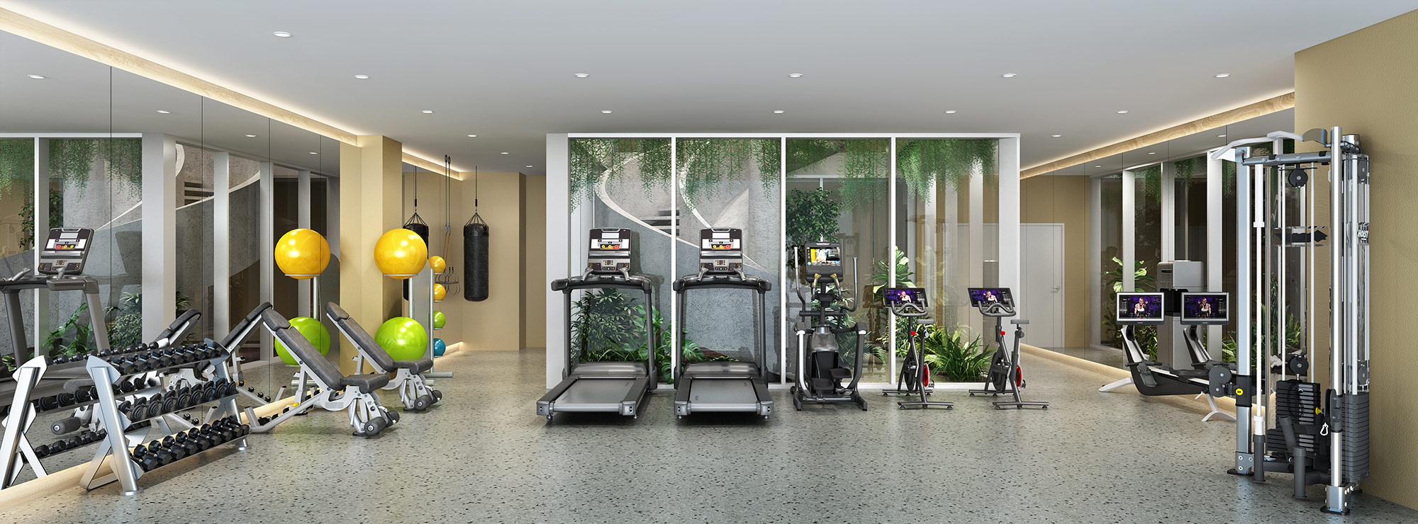 3D Rendering of a residential gym with natural light, cardio equipment, and landscaped outdoor views