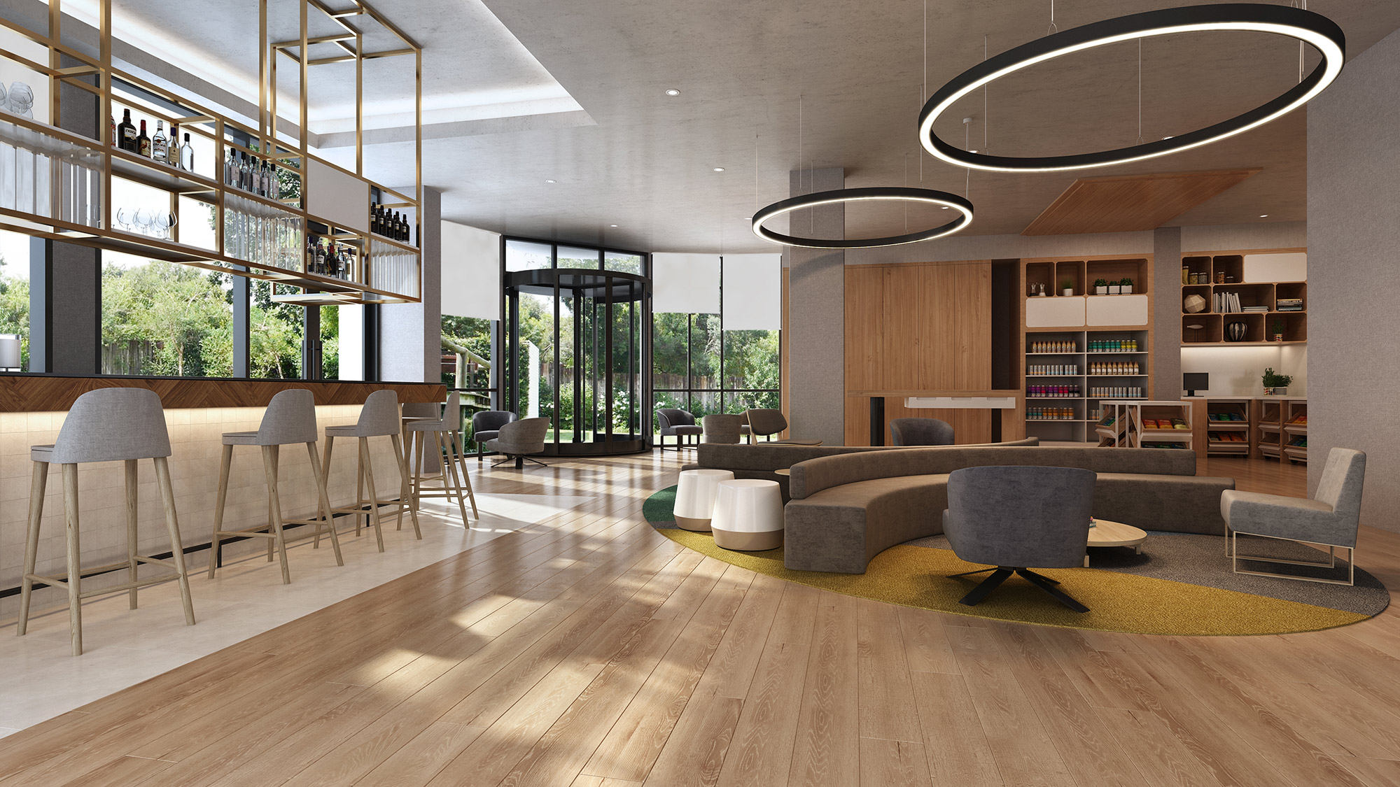 Modern residential lobby with lounge seating, timber finishes and welcoming interior design