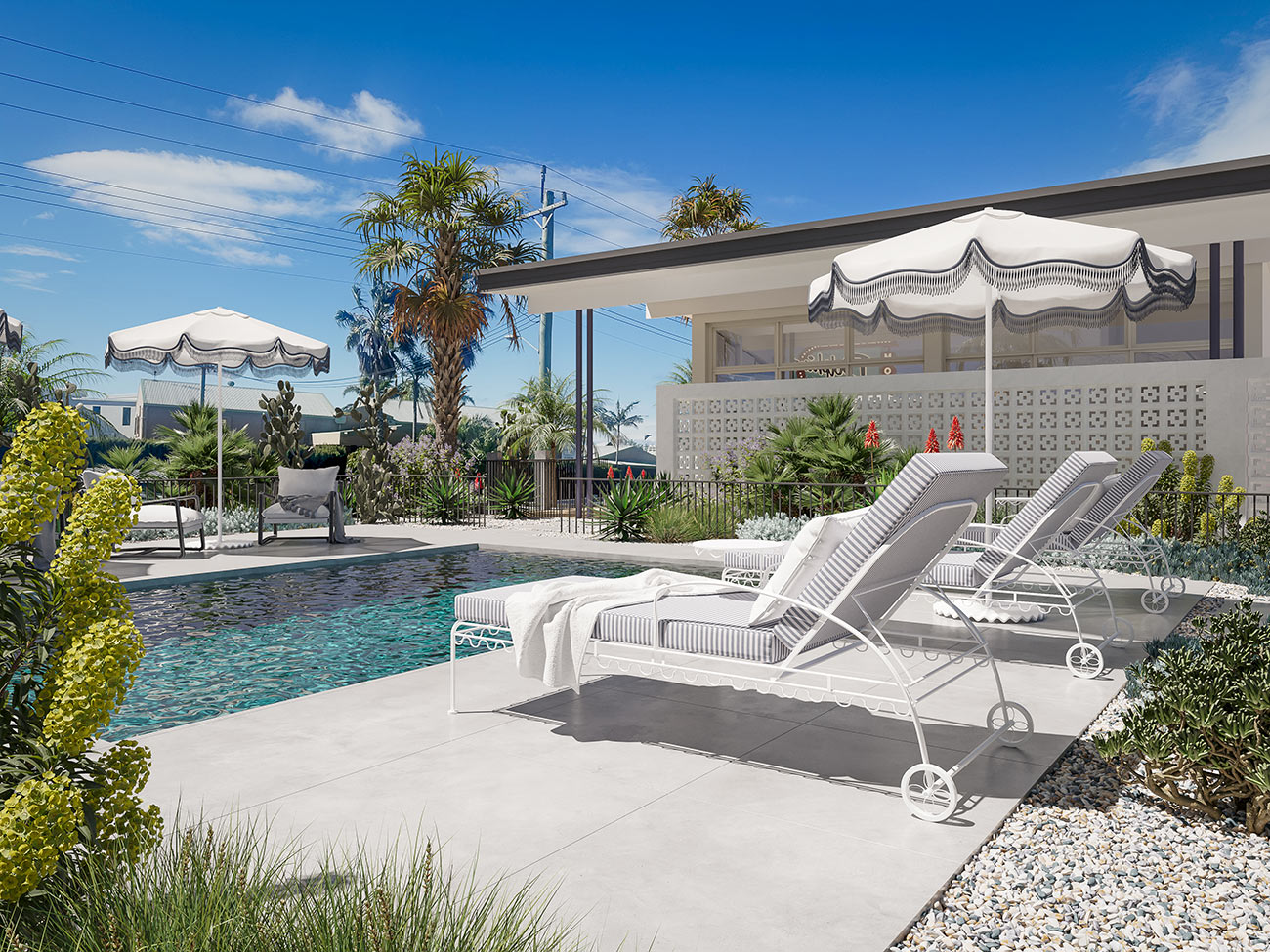 3D render of resort style pool area with sun lounges, umbrellas and tropical landscaping