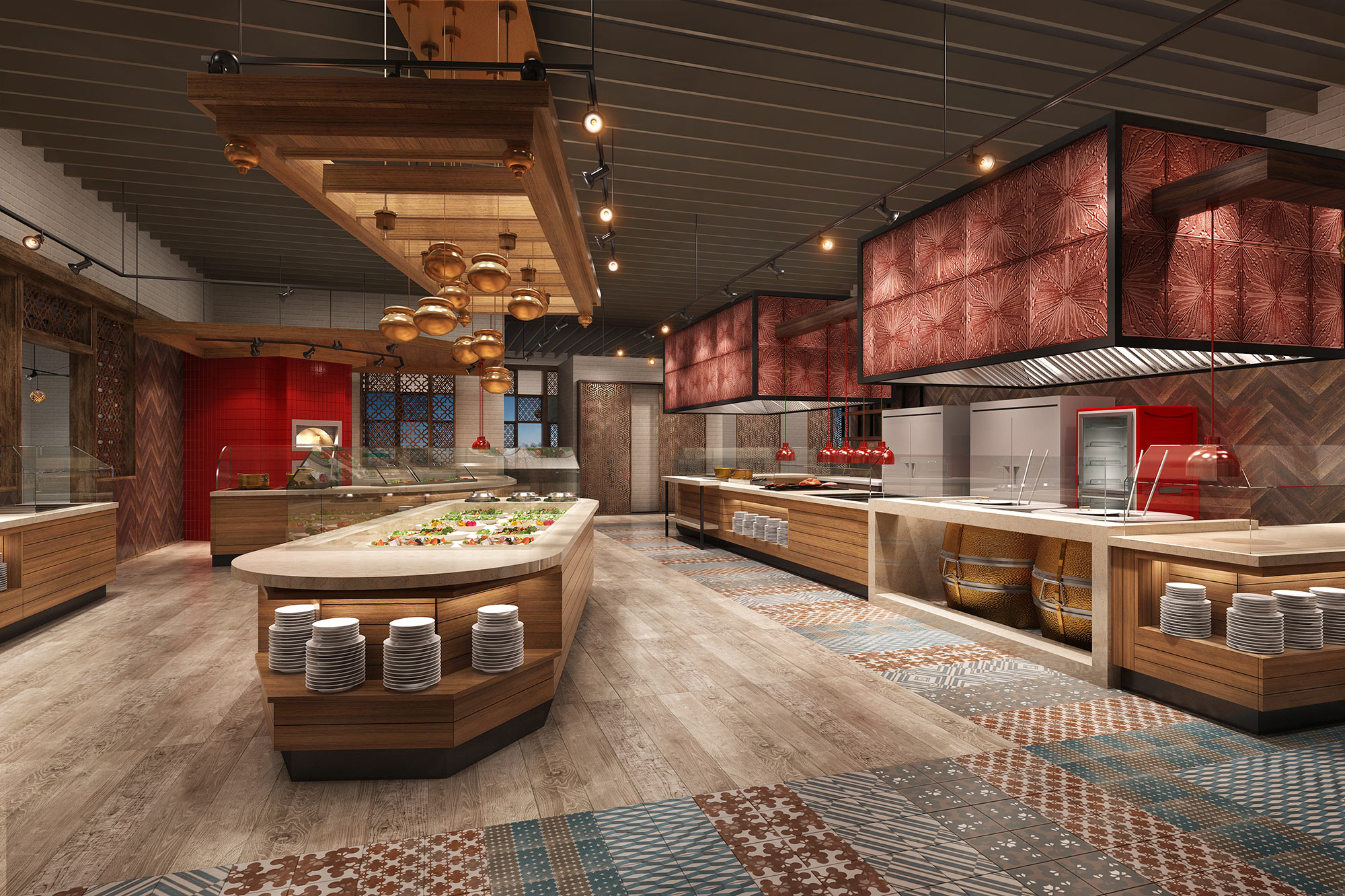 Restaurant buffet interior with food display counters, warm lighting and modern dining design
