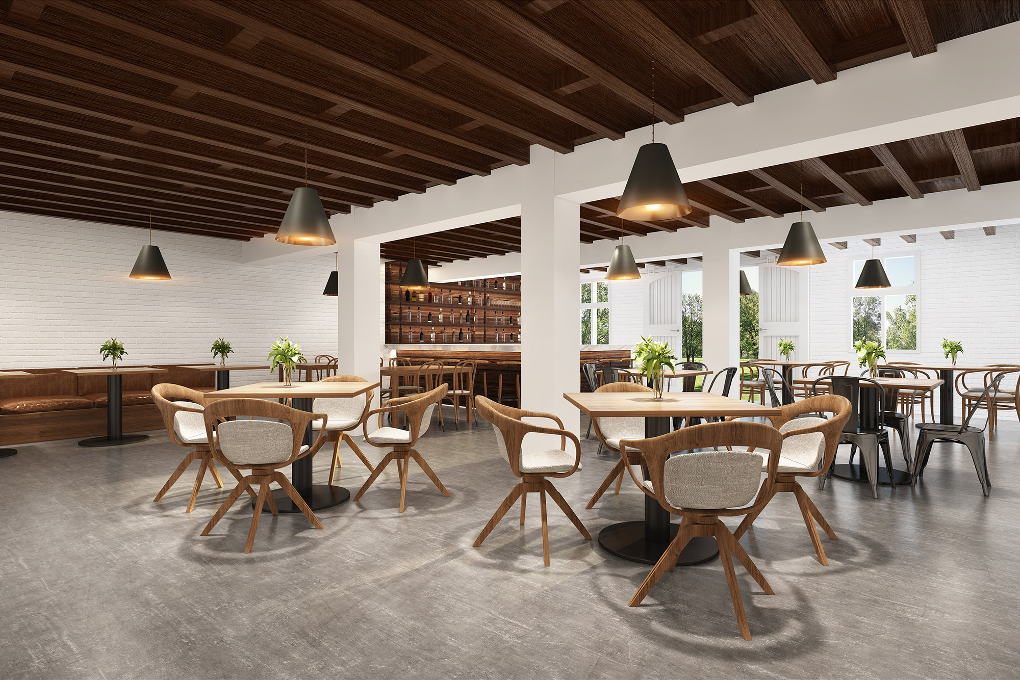 Restaurant dining room 3D render with timber coffered ceiling, pendant lights, timber tables and modern hospitality fitout