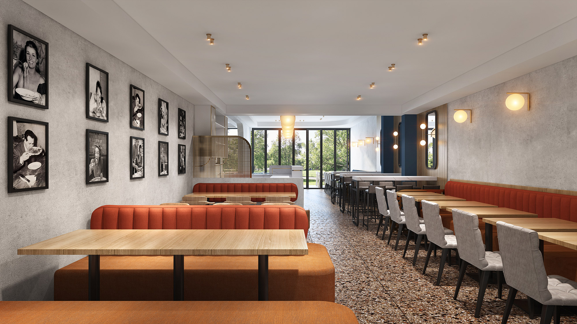 Restaurant interior 3D render with banquette seating, framed wall art, terrazzo flooring and long dining layout