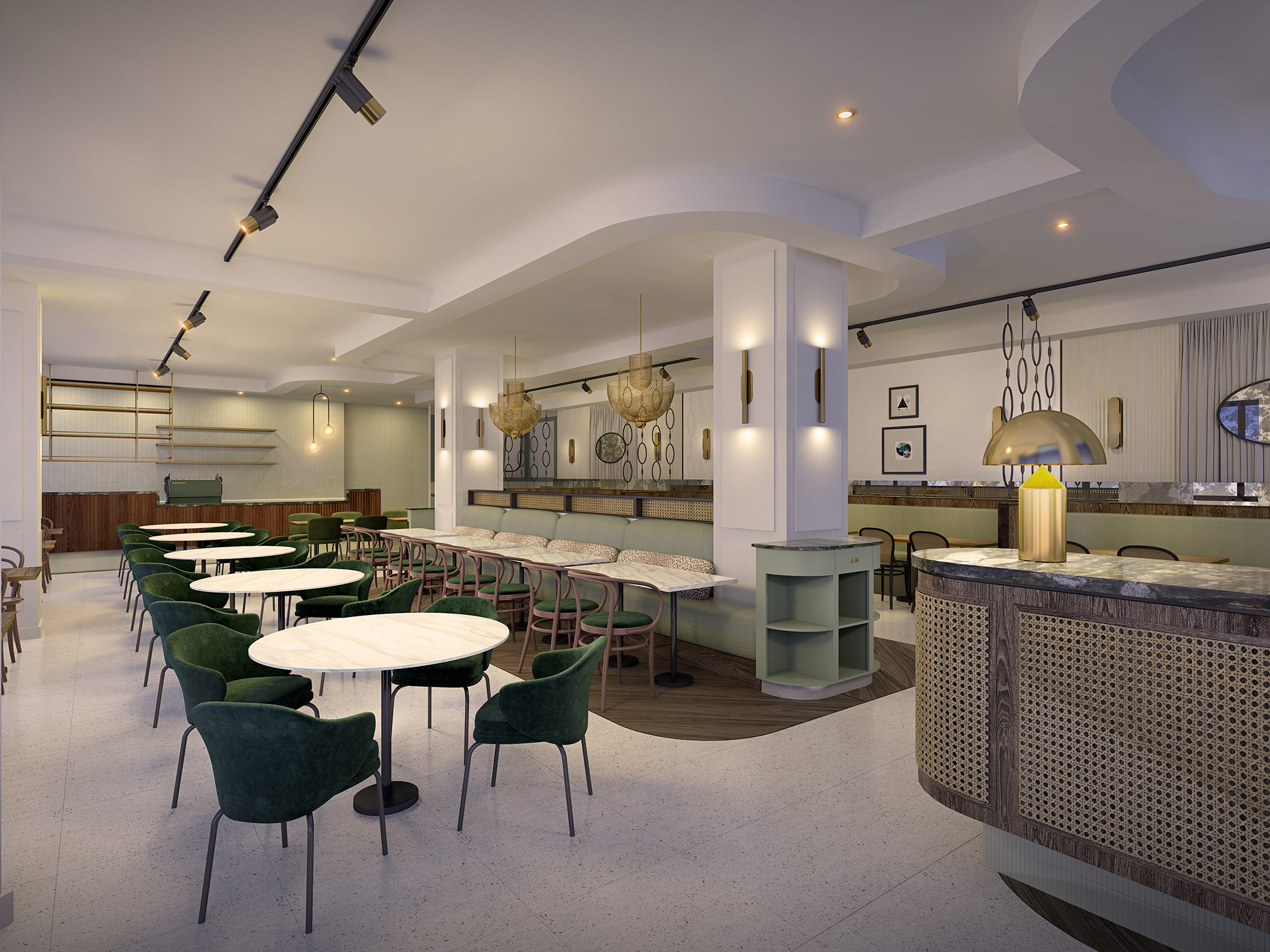 Restaurant booth seating and bar area 3D render with marble tables, warm lighting, and premium hospitality fitout