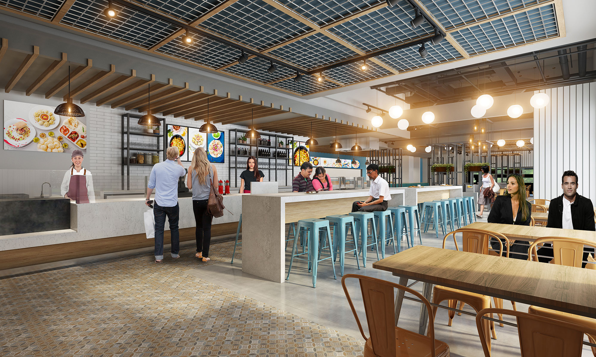 Open dining restaurant interior with bar seating, pendant lighting and contemporary finishes