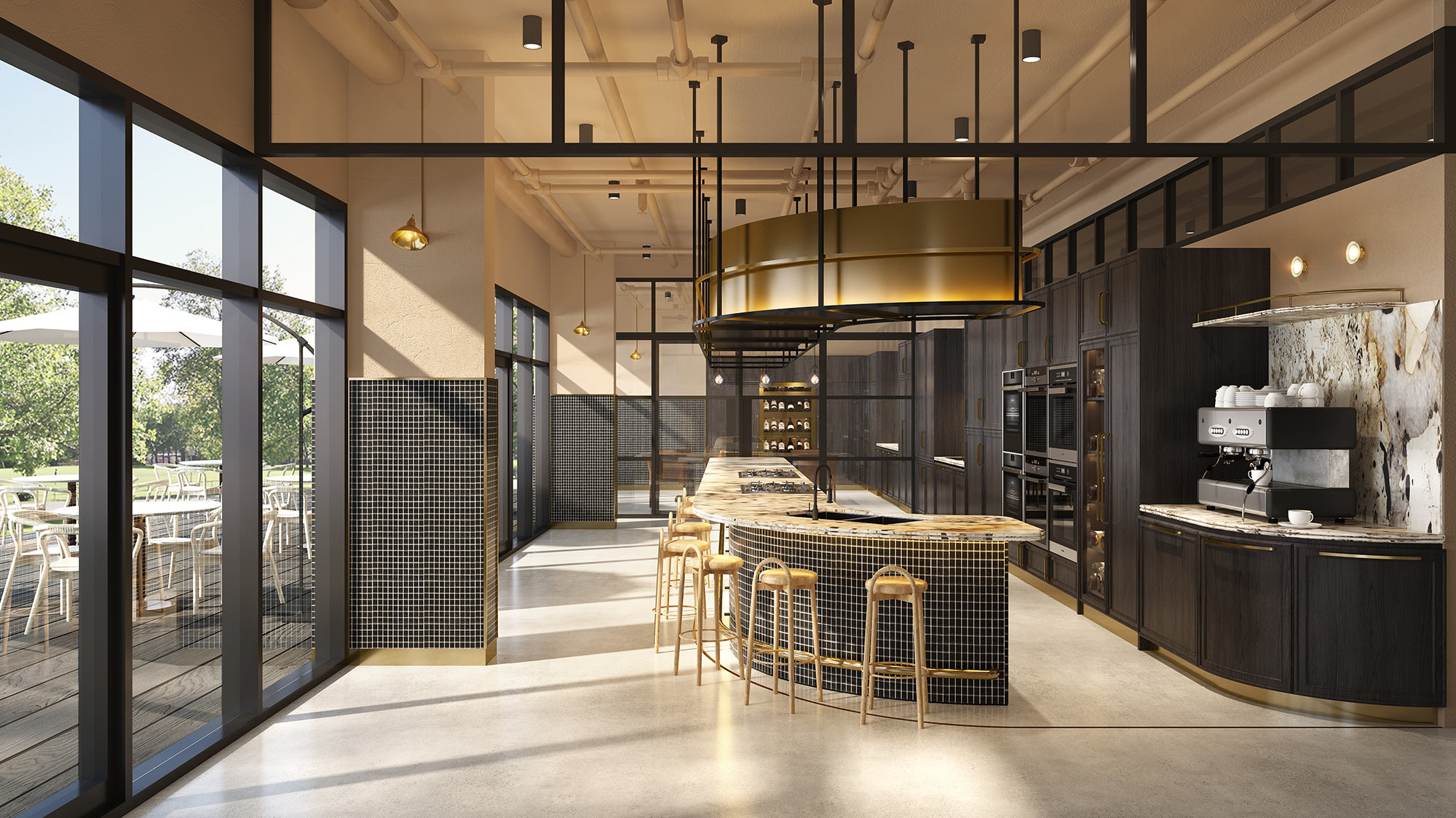 Retail branding wall 3D render with feature lighting, textured materials, and high-end commercial interior styling