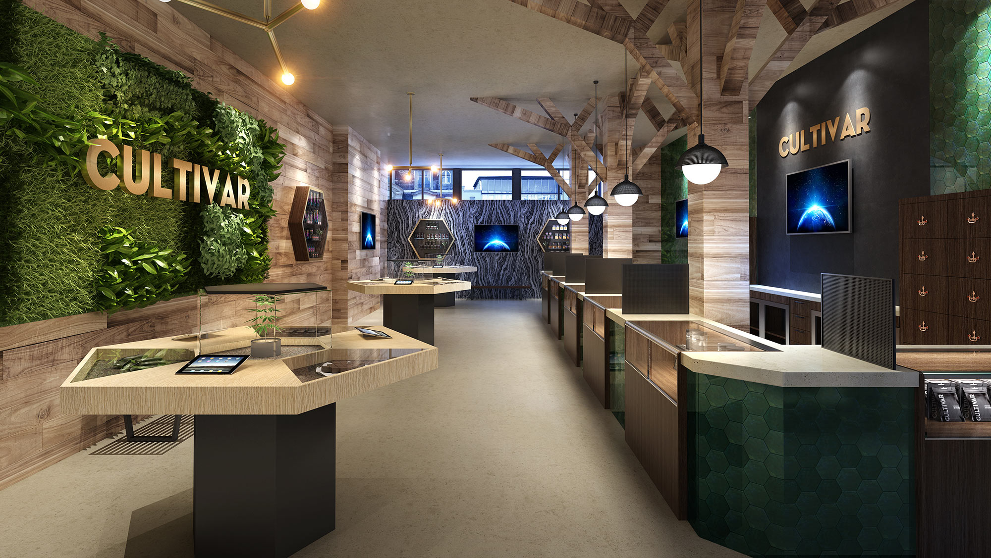 Retail counter and product display 3D visualization featuring glass display cases, branding wall, and modern interior design