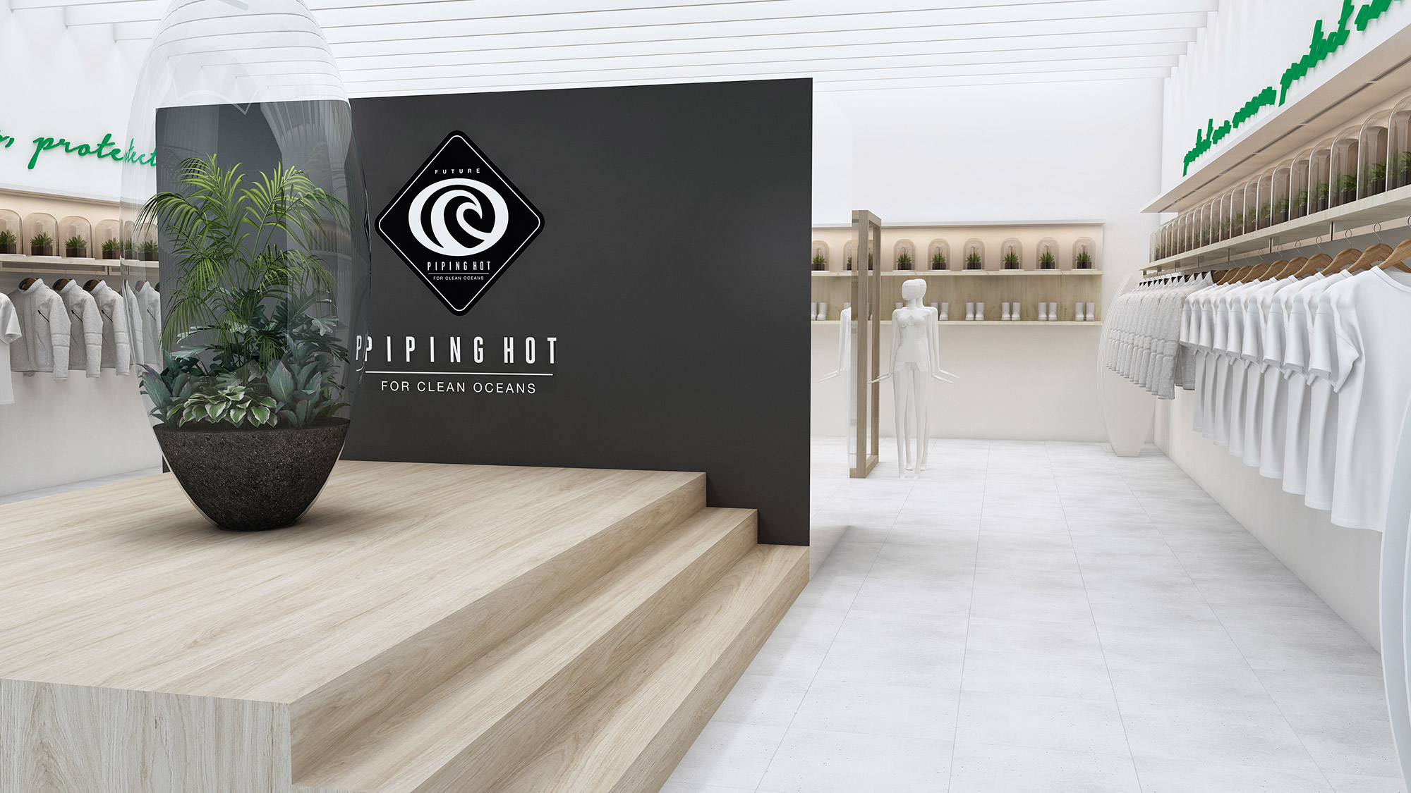 Retail store entry feature wall 3D render with bold branding, elevated platform display, and modern apparel store interior design