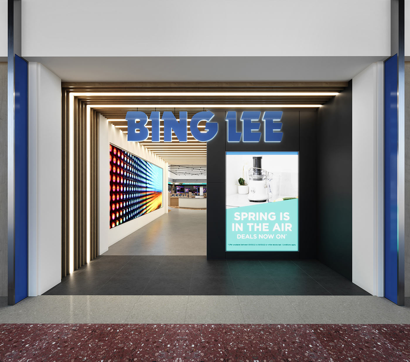 Modern retail store entrance with illuminated signage and immersive entry corridor leading into electronics showroom