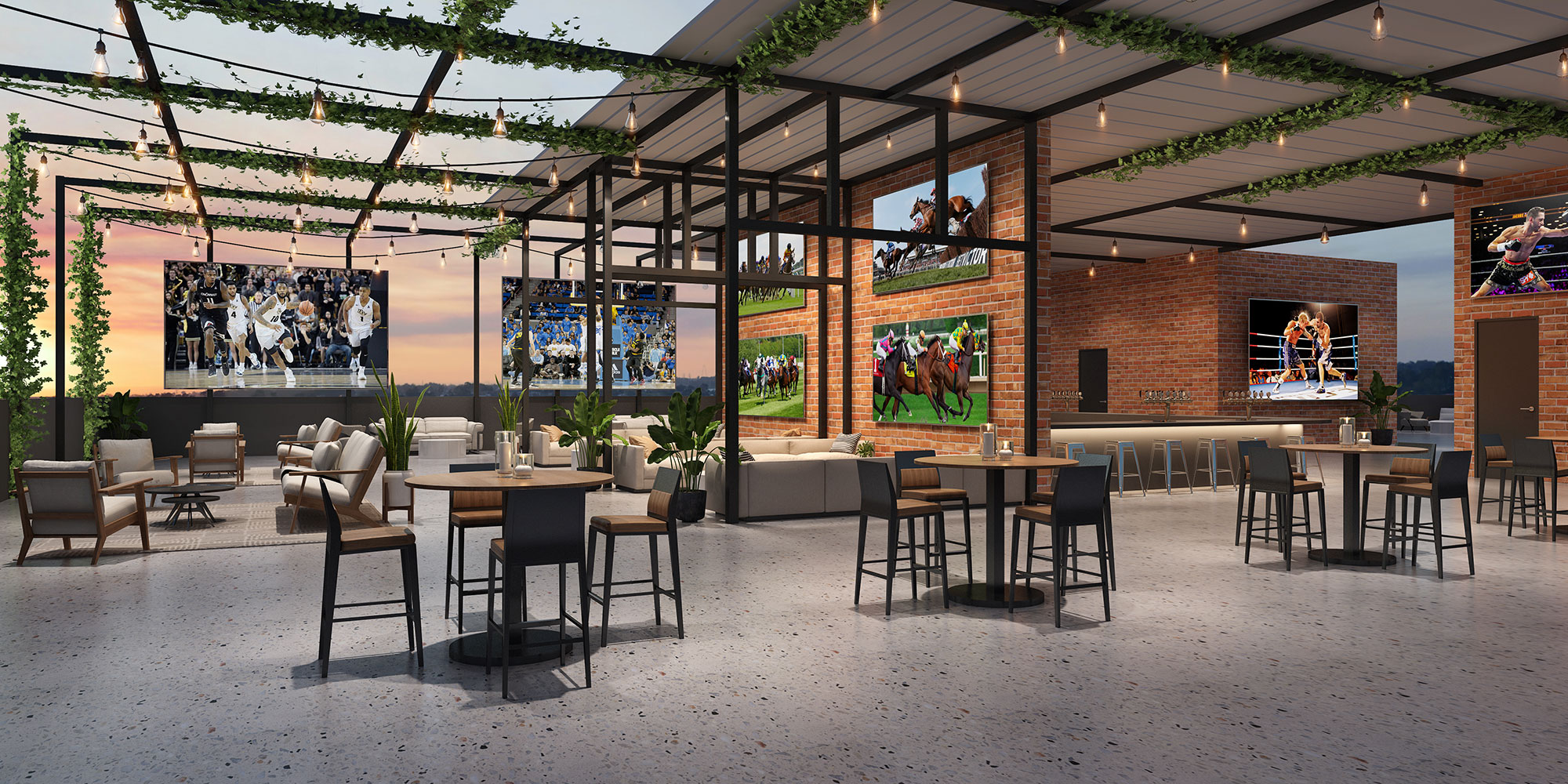 Rooftop bar with outdoor seating, greenery, large screens and hospitality entertainment layout