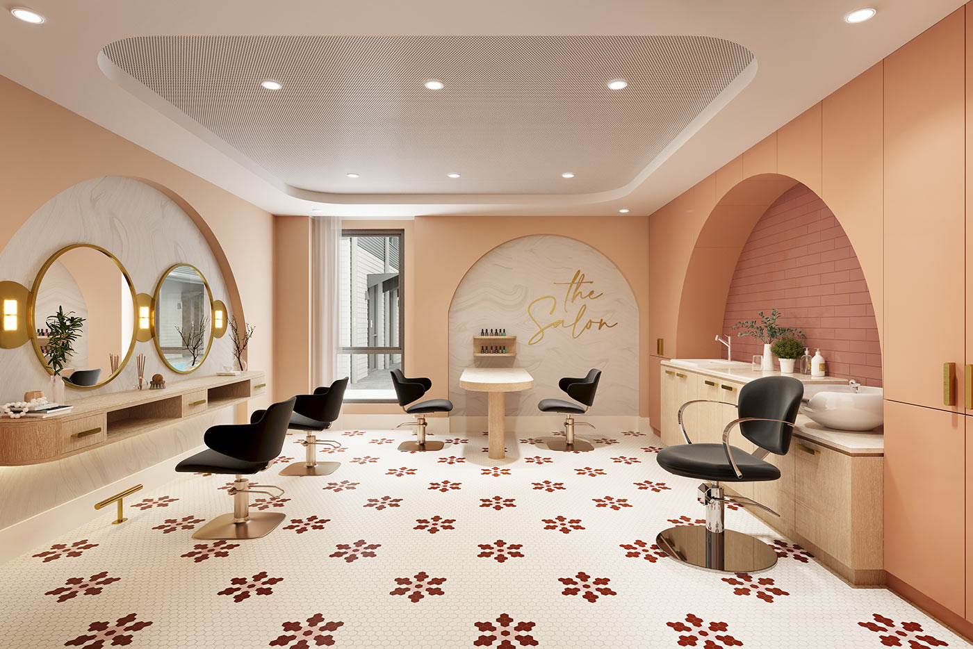 Contemporary salon interior with styling stations, mirrors and soft pastel finishes