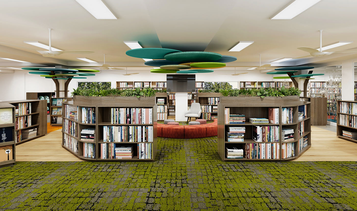 School library lounge 3D render with book shelves, green carpet tiles, architectural feature lighting pendant