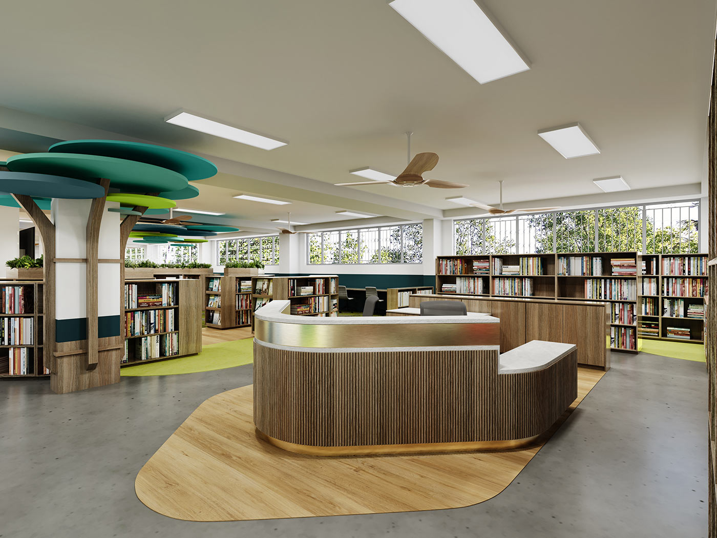 School library interior 3D render with central reception desk, timber shelving and modern education space layout