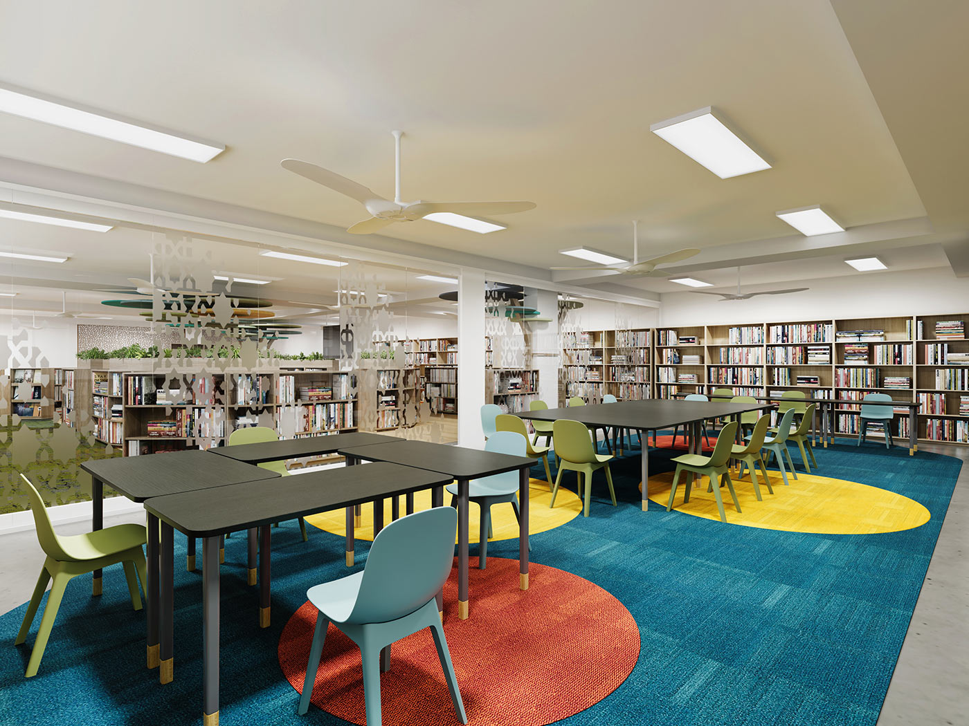 School library study area 3D render with group tables, colourful flooring and open learning environment design