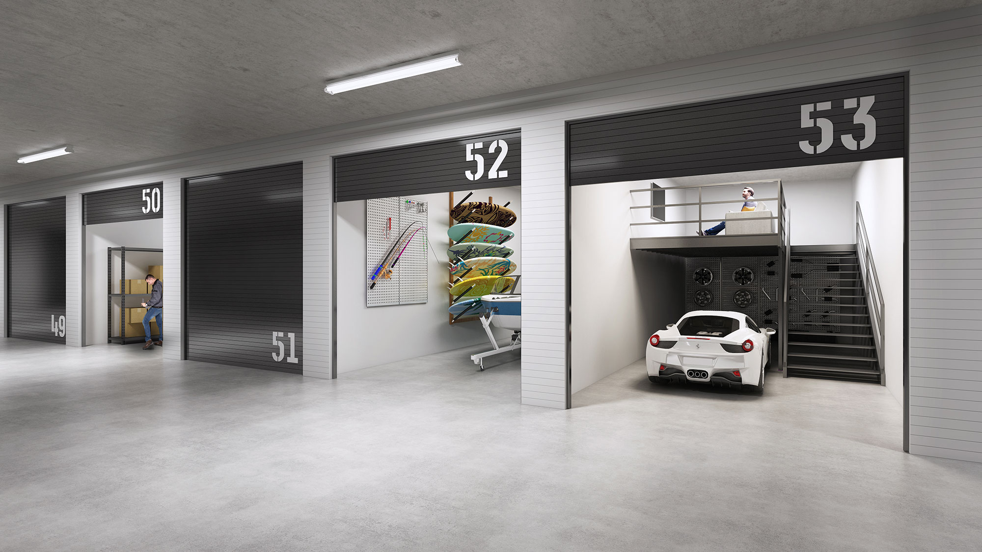 Photorealistic 3D render of self storage units with garage bays, showcasing interior warehouse storage spaces and industrial design