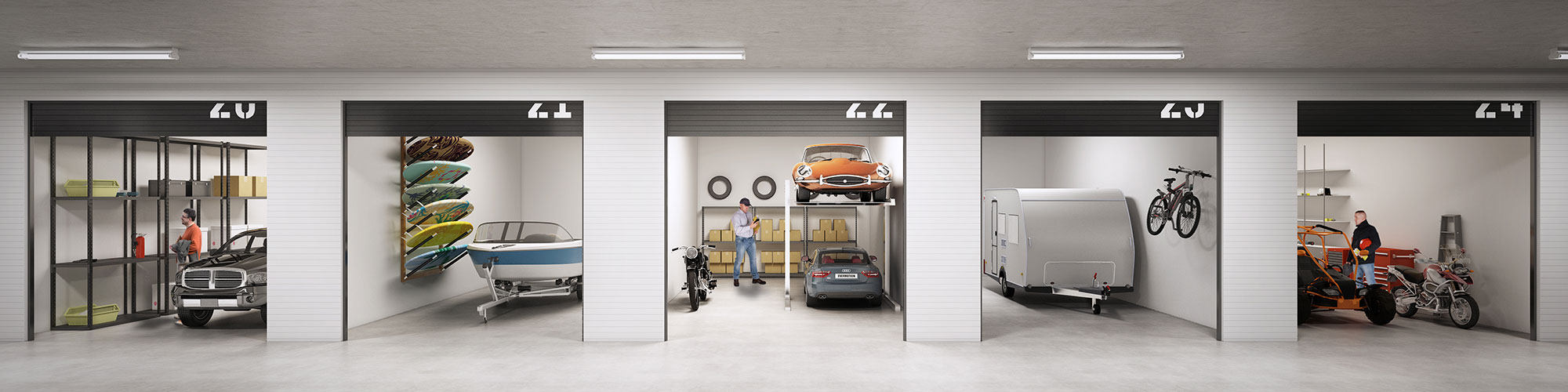 3D rendering of self storage units showing vehicle storage including cars, boats, and caravans inside modern industrial units