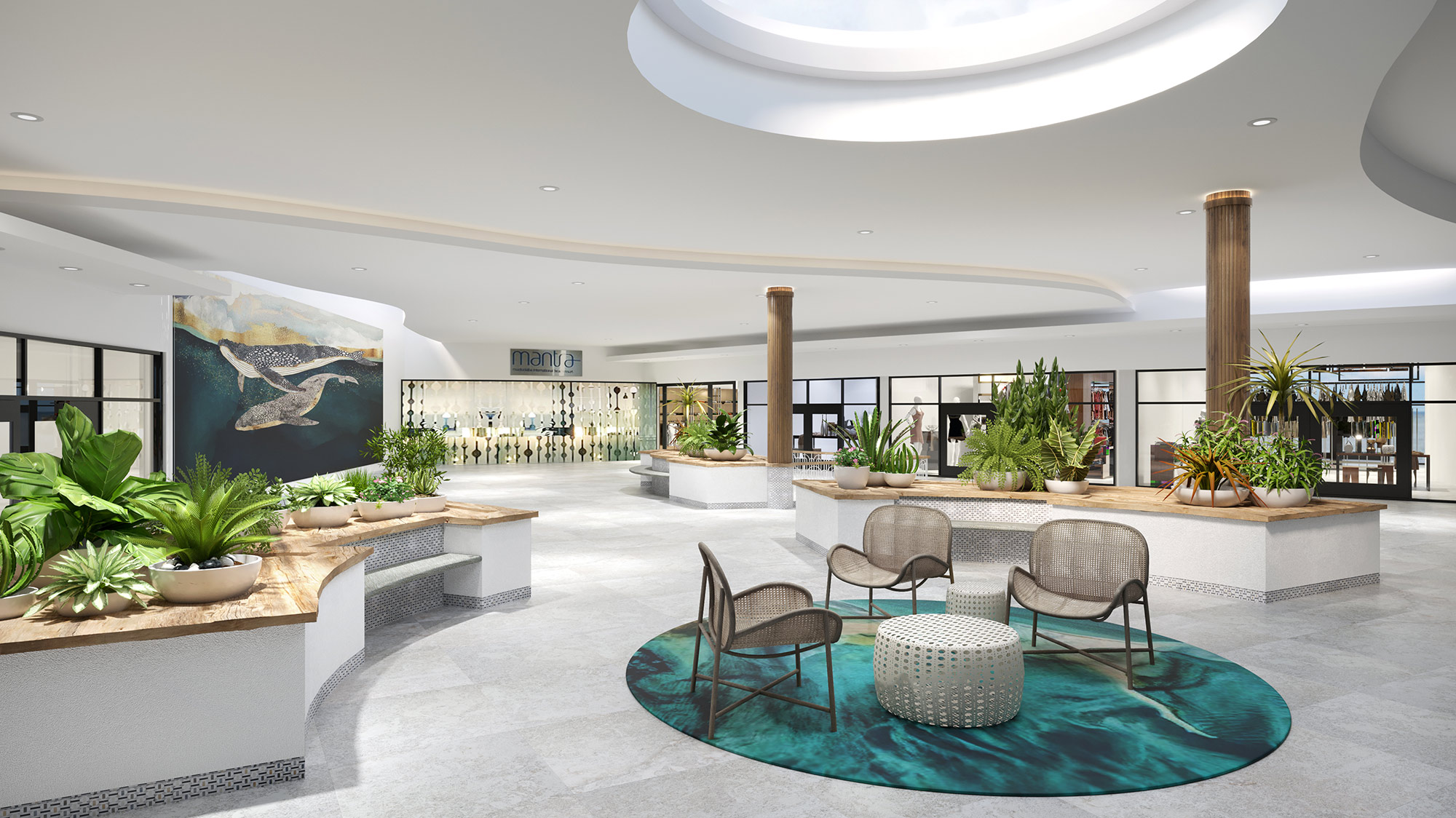 Modern shopping centre interior 3D render featuring open retail mall layout, seating areas, greenery, and premium commercial design elements