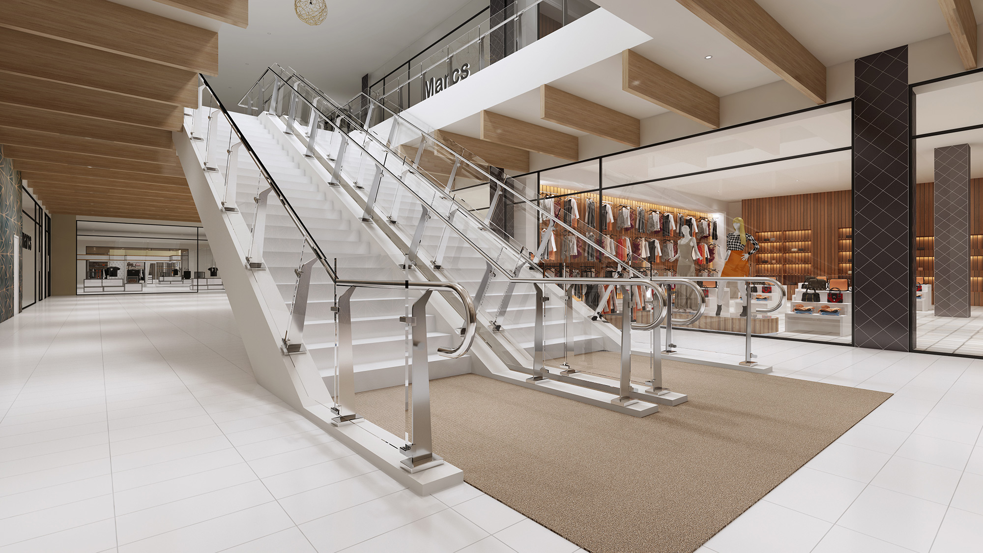 Modern shopping centre interior with escalators, retail stores and open mall circulation space
