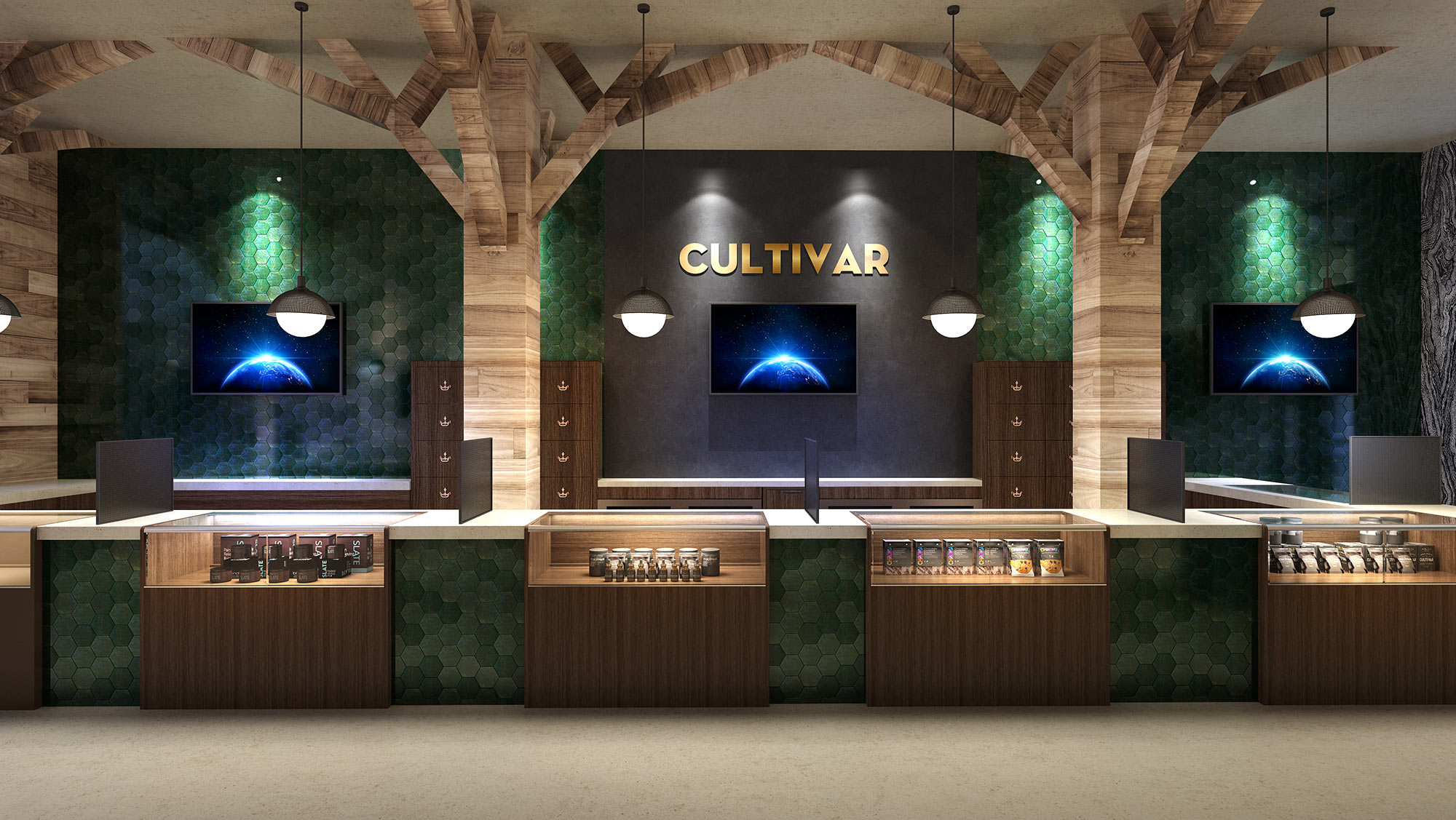 Specialty retail dispensary interior 3D render with display counters, feature walls, lighting, and premium retail fitout